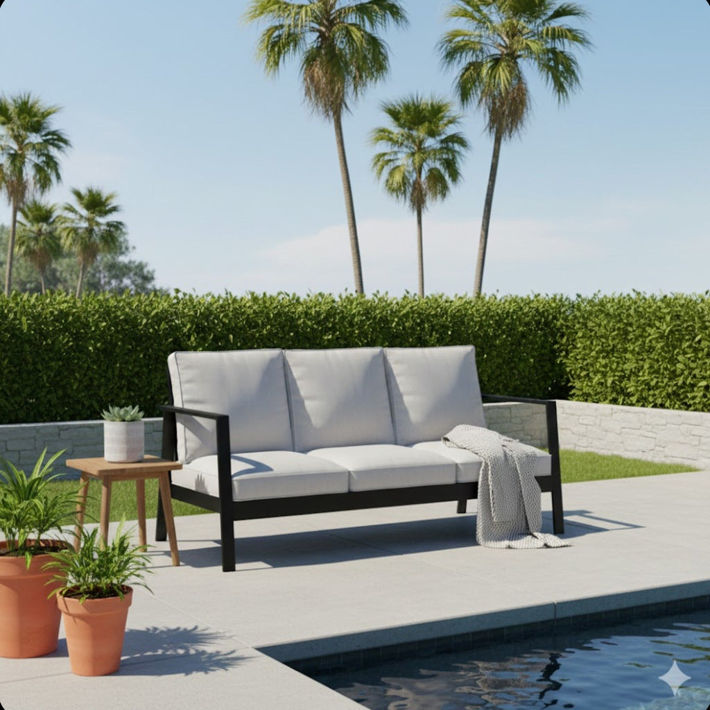 Outdoor Sofa Aluminum Black Light Gray Cushions 3 Seat 75in
