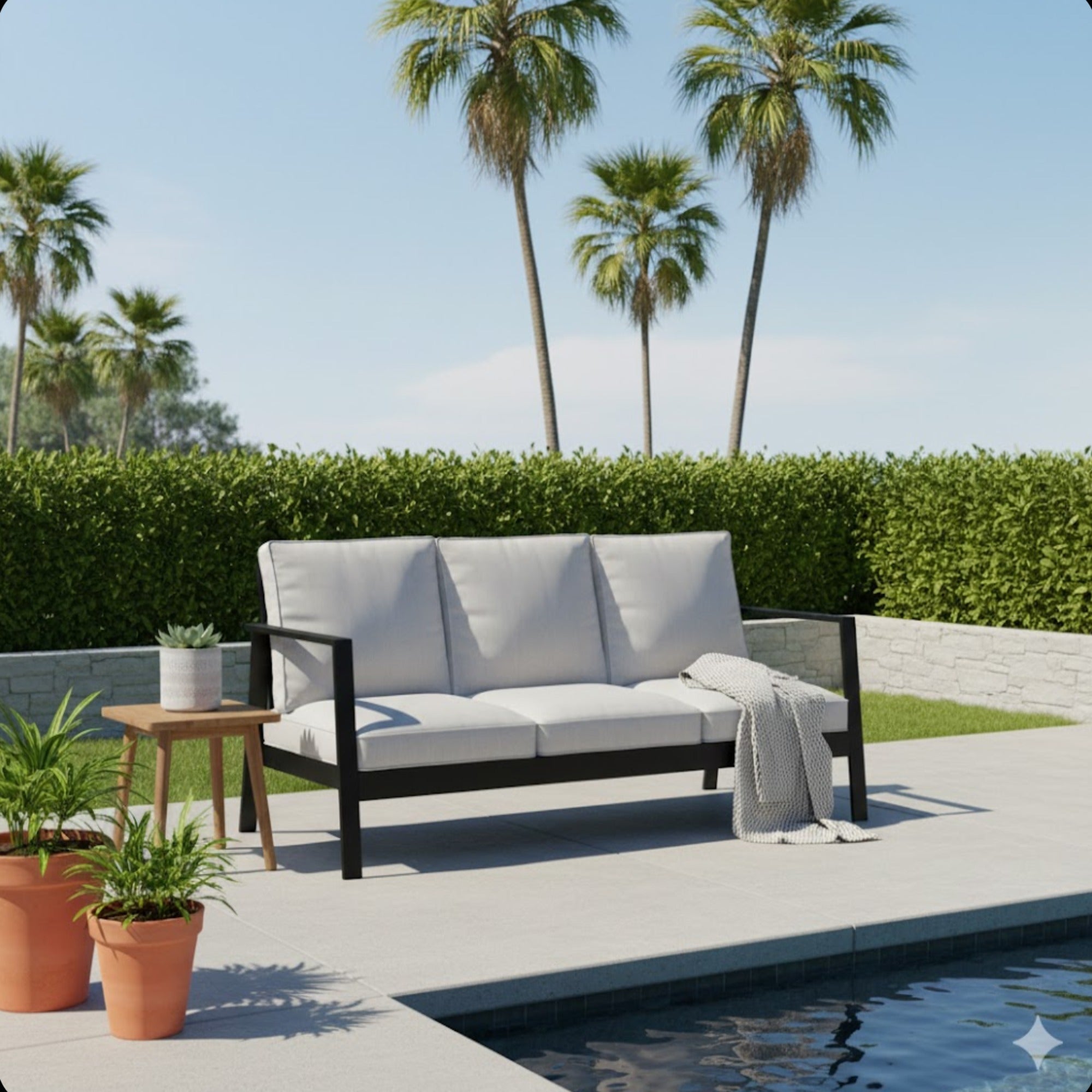 Outdoor Sofa Aluminum Black Light Gray Cushions 3 Seat 75in