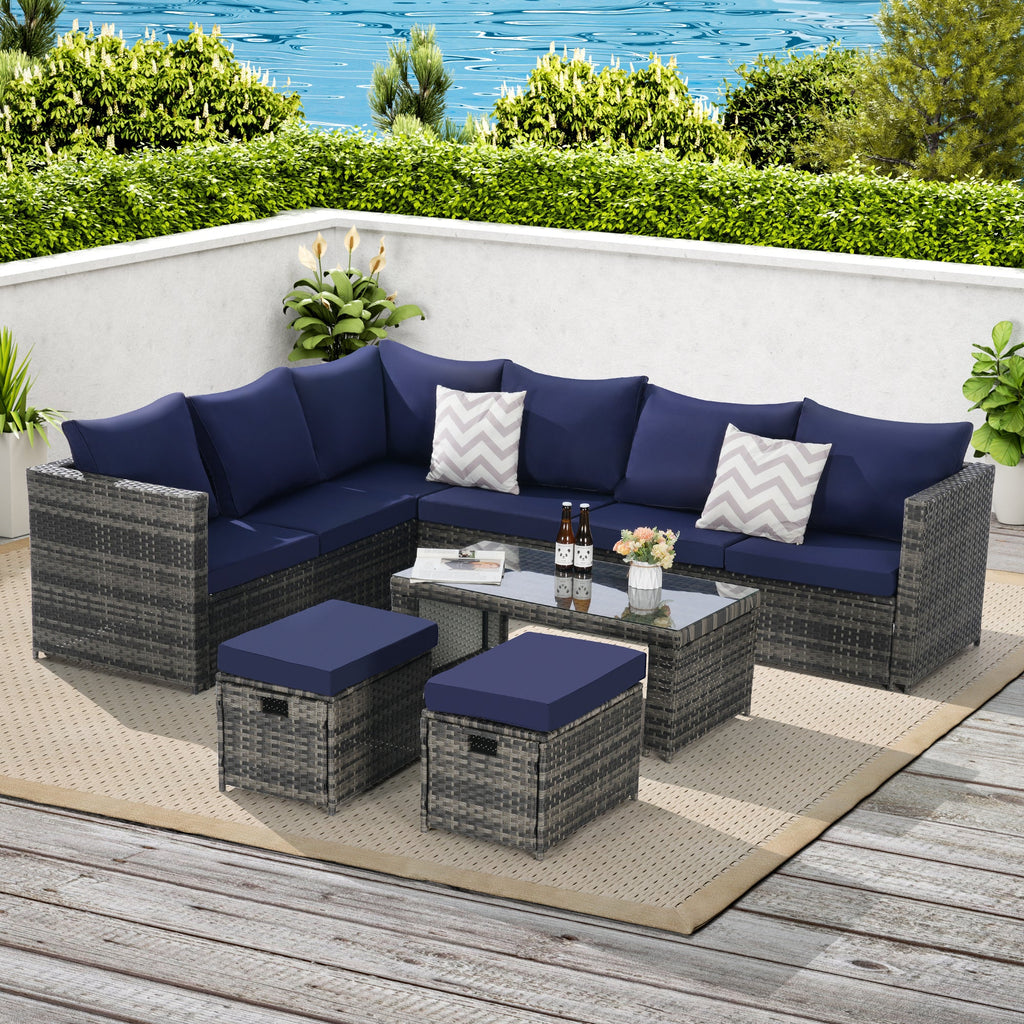 Outdoor Patio Rattan Set 6 Piece Seats 8 Dark Blue
