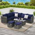 Outdoor Patio Rattan Set 6 Piece Seats 8 Dark Blue