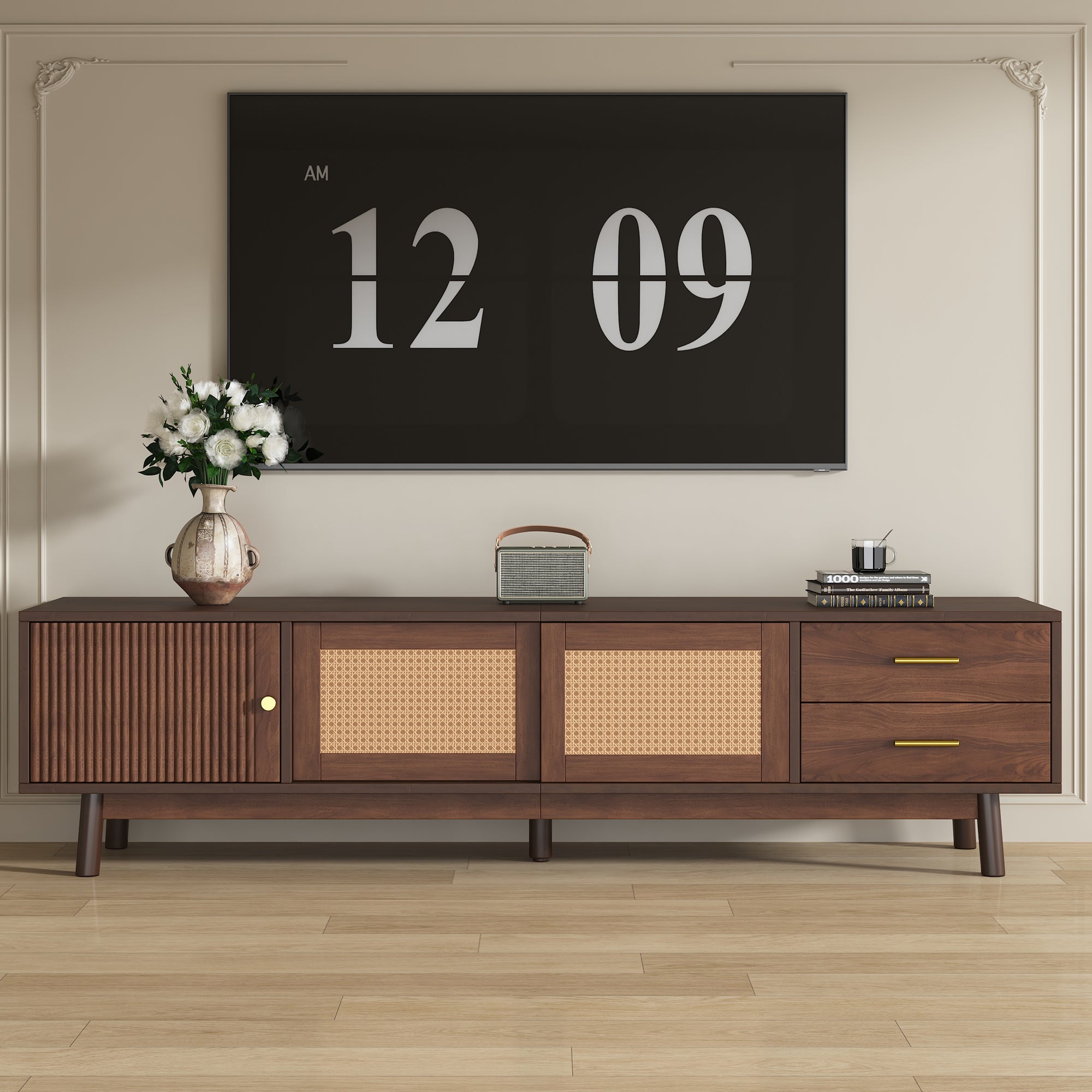 TV Stand Mid-Century Dark Brown Solid Wood Rattan Sliding Door Fits 80 In TV