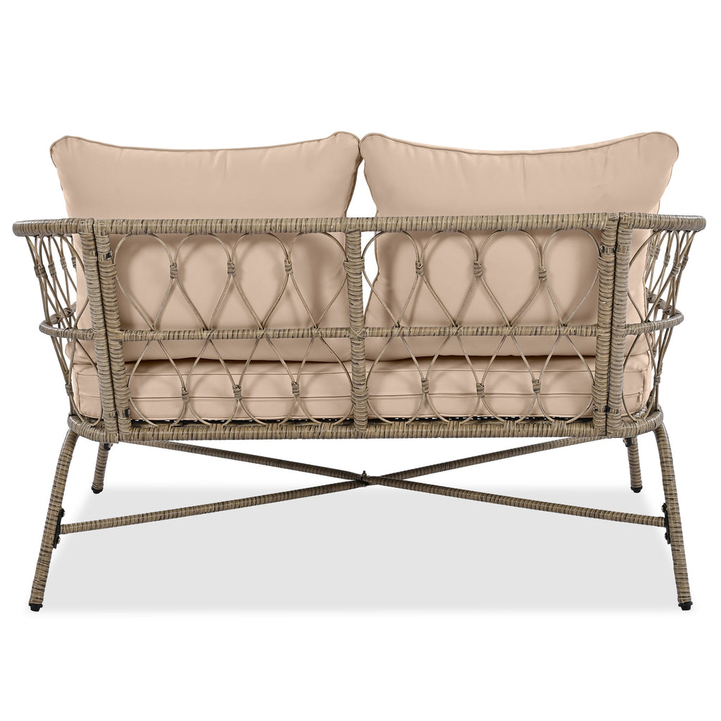 Outdoor Patio Set Wicker Boho Beige Cushion Oval Acacia Table 4 Piece