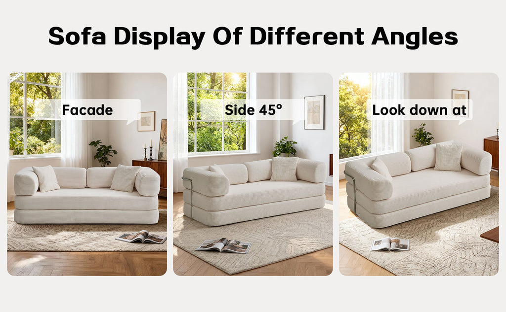 Sofa Floor Low Profile 5-in-1 Corduroy Cream Sleeper with Blanket 74.8 In