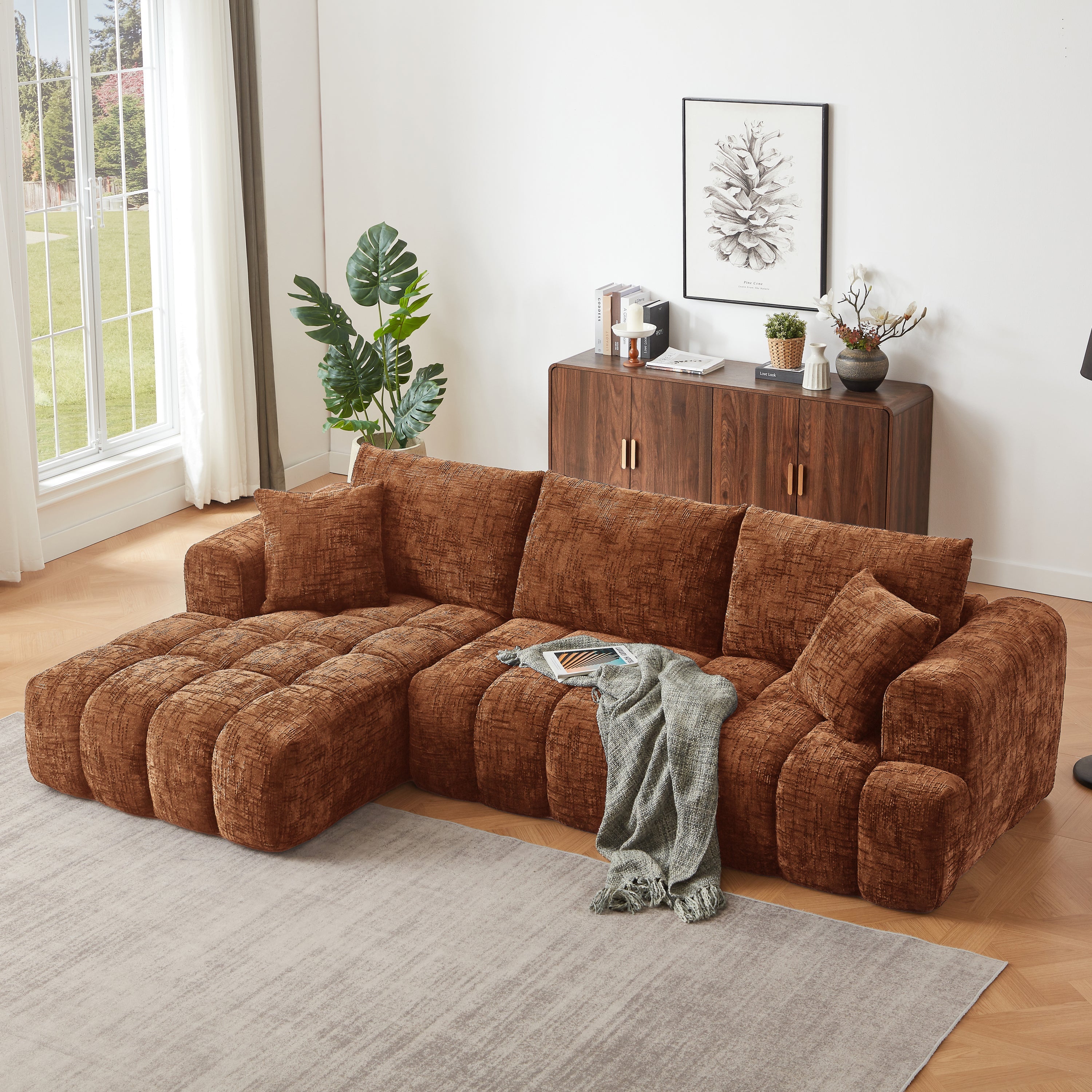 Sectional Sofa L-Shape Chenille Orange 4 Seat 108 In No Assembly