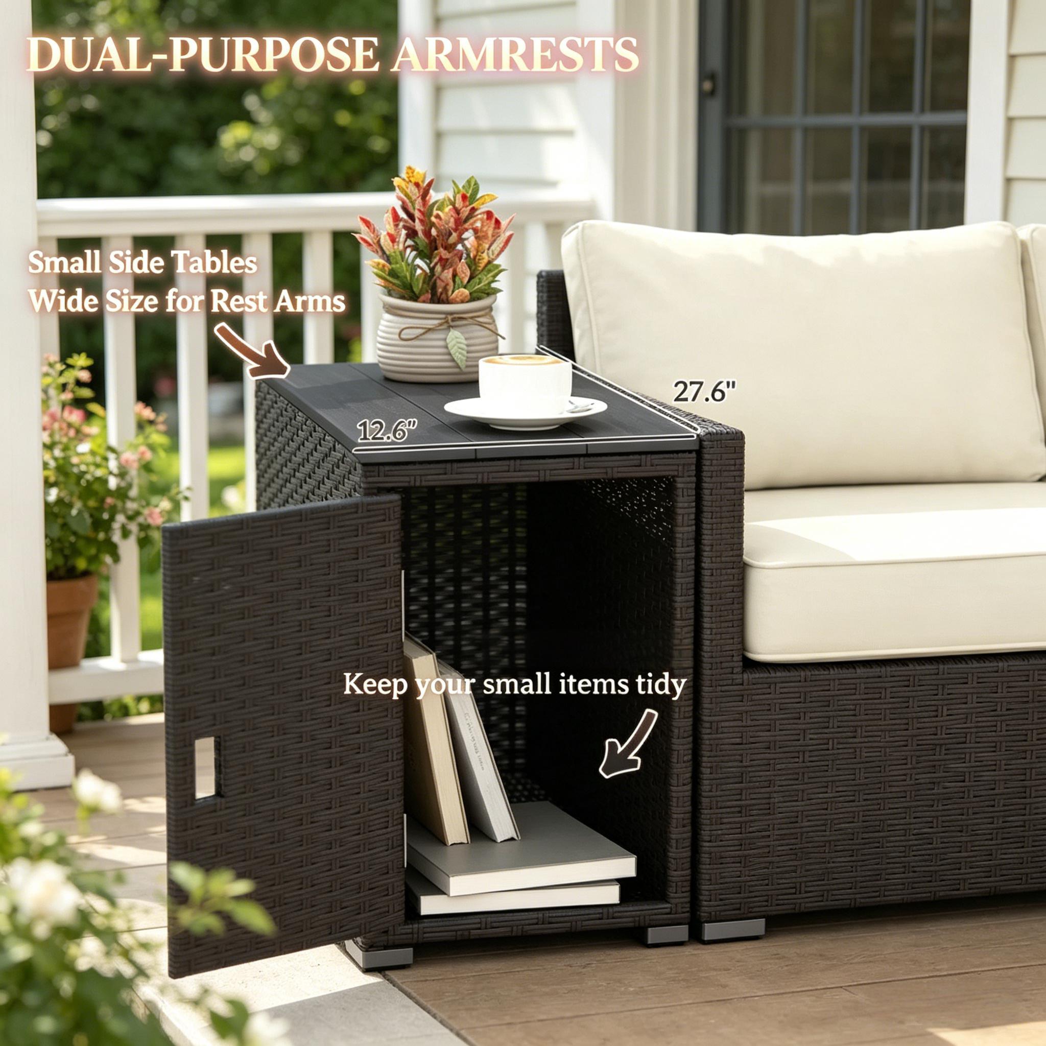 Outdoor Sofa Set Wicker Cream Brown 3 Seat Storage Armrests 794 lb Cap