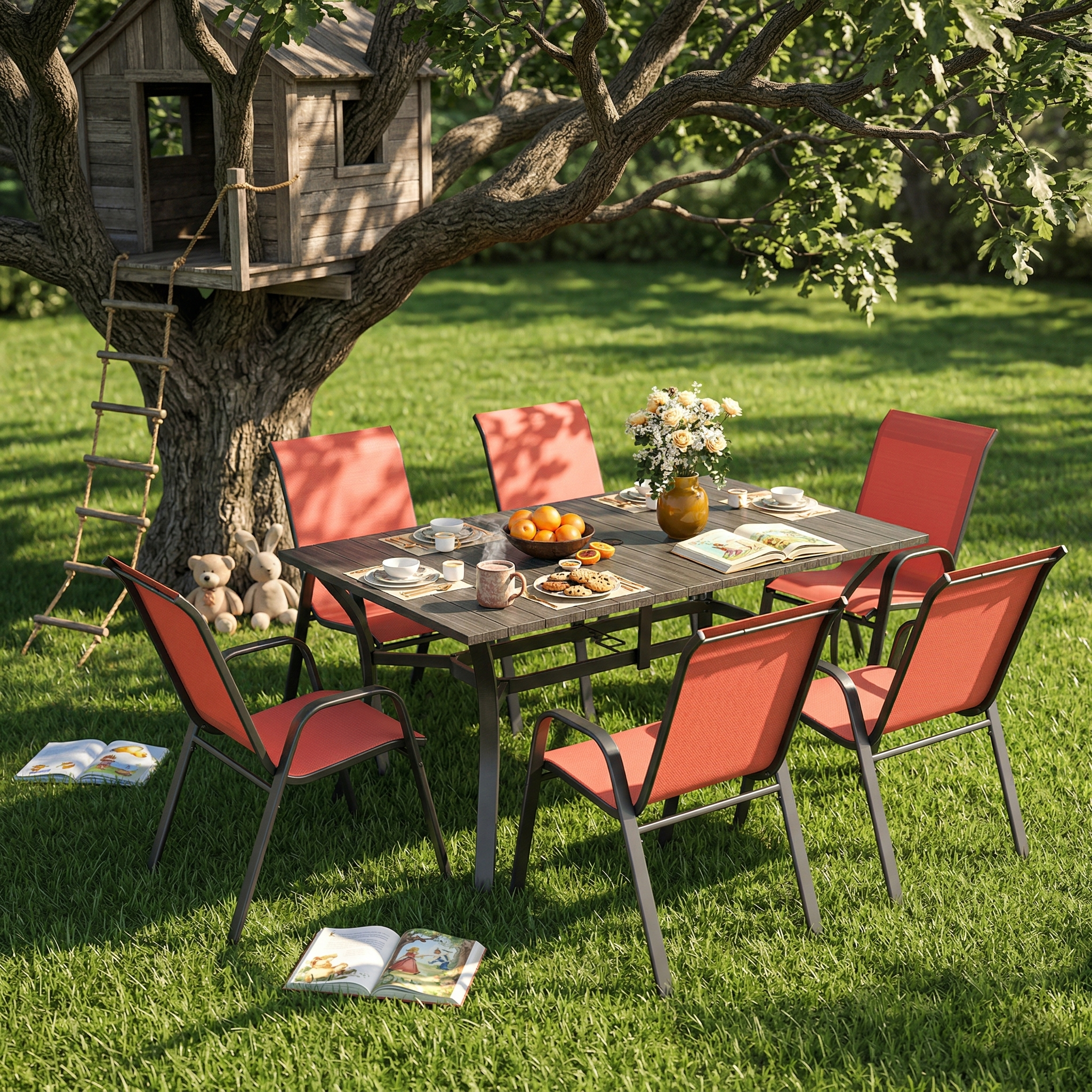 7-Piece Outdoor Patio Dining Set, 63' x 38' Rectangular Wood-Grain Metal Table