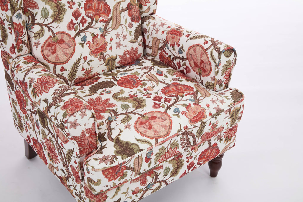 Accent Chair Wingback Linen Floral Red Pine Legs 28x30x38 In