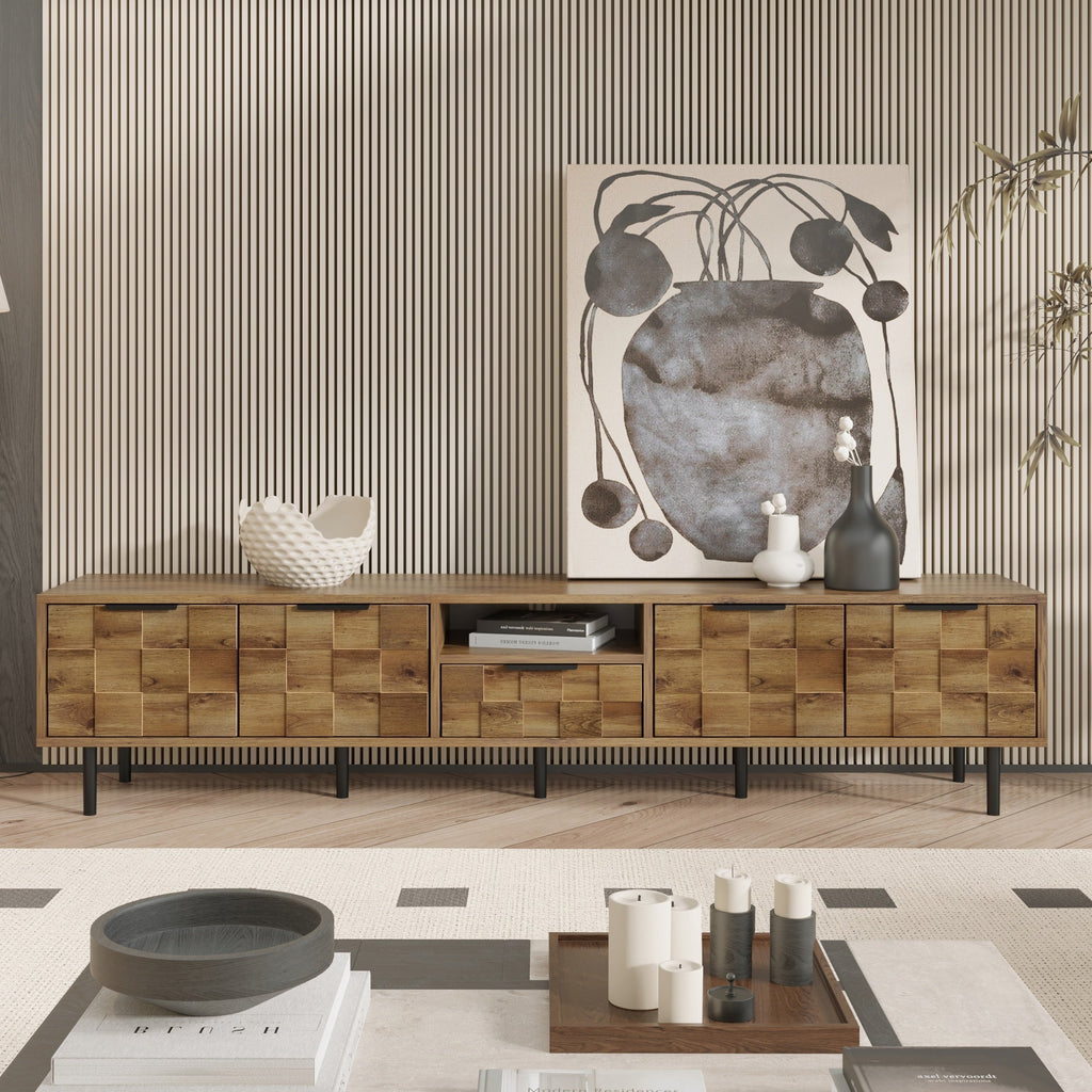 TV Stand Natural Wood Checkered MDF Soft-Close Doors Fits 85 In TV 78.7 In