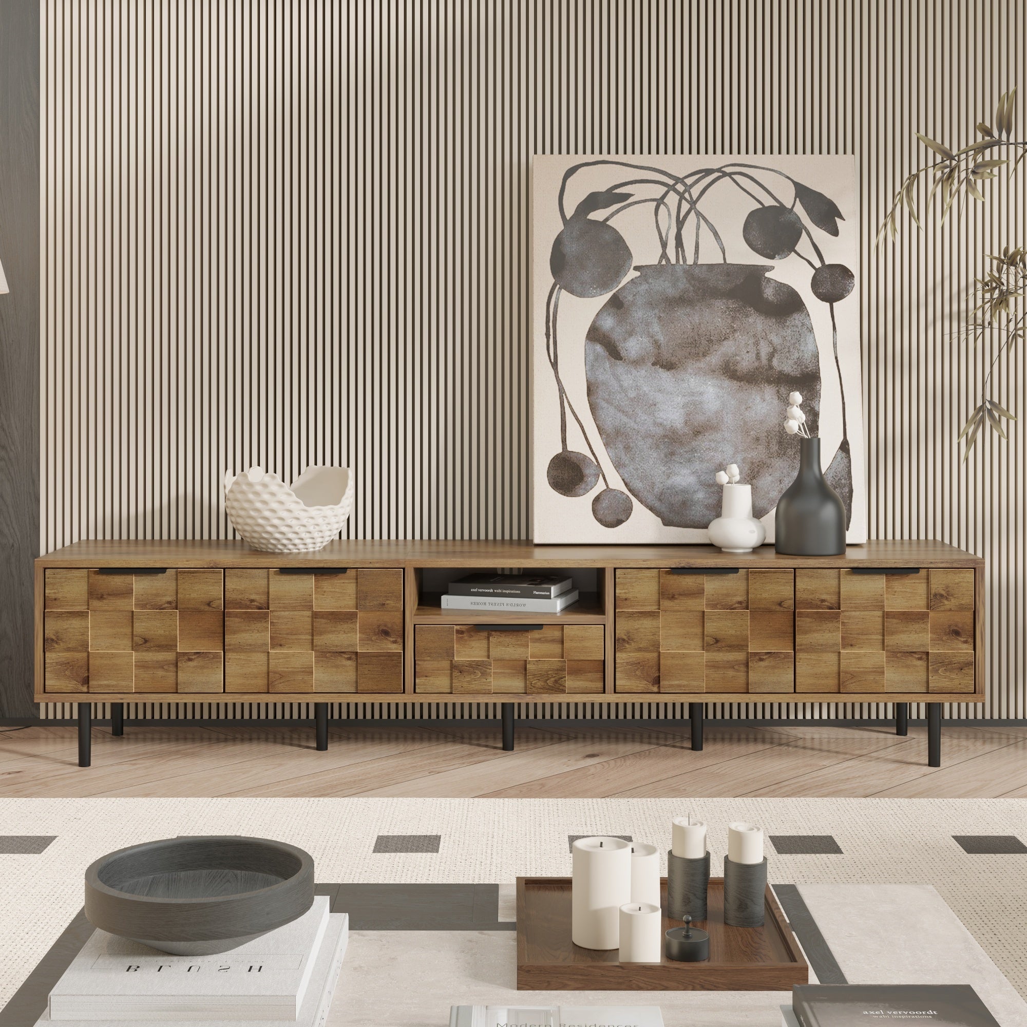TV Stand Natural Wood Checkered MDF Soft-Close Doors Fits 85 In TV 78.7 In
