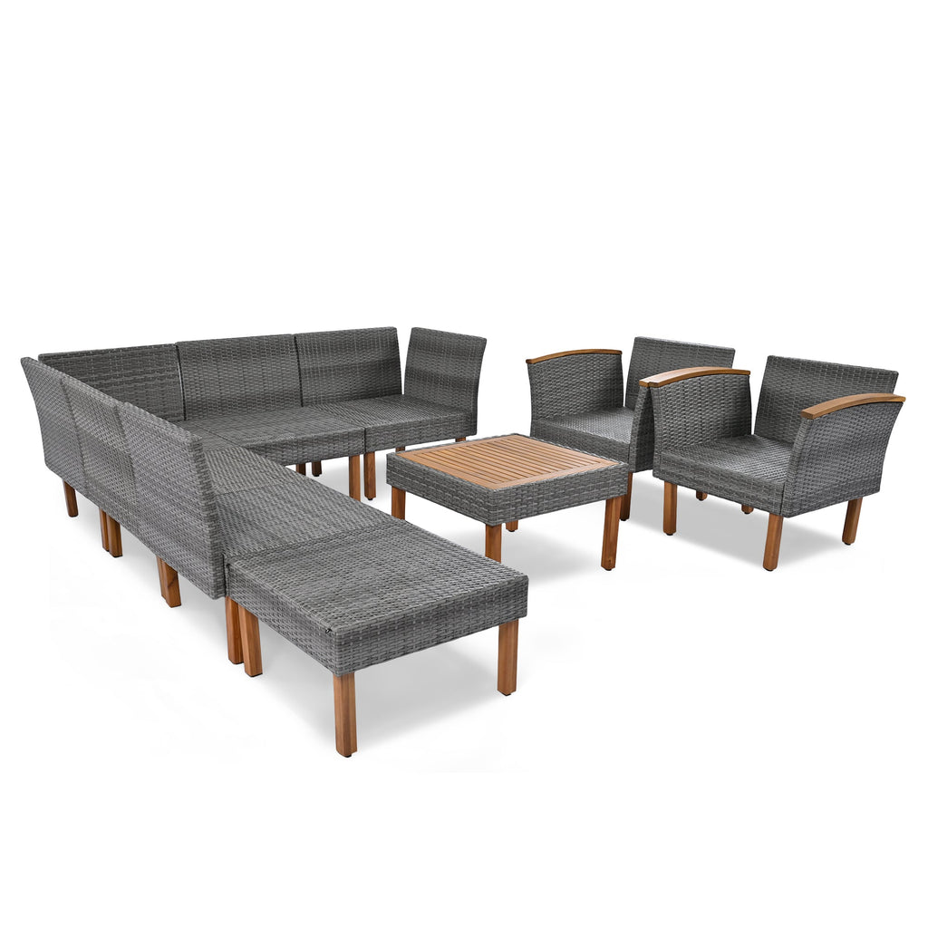 Outdoor Sectional Set PE Rattan Acacia Wood Gray 9 Piece 250 LB