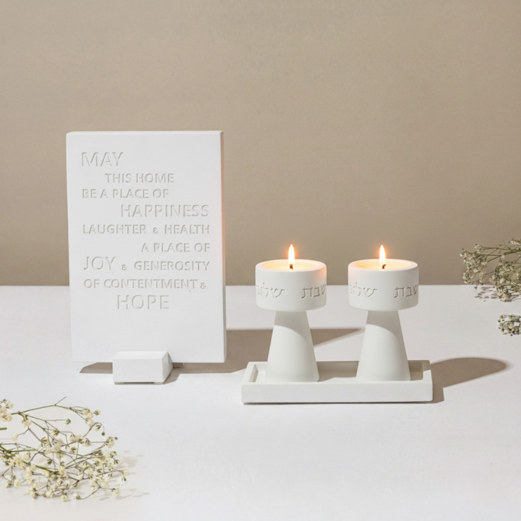 Traditional Shabbat Candle Holders with Contemporary Concrete Tray - Timeless Glow Series