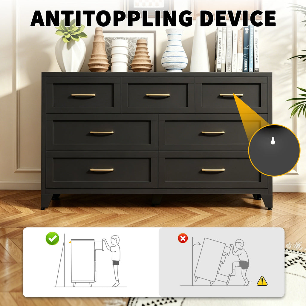 Dresser Low-Profile 7-Drawer Black Steel Smooth Glide 47.3x15.8x30.8 In