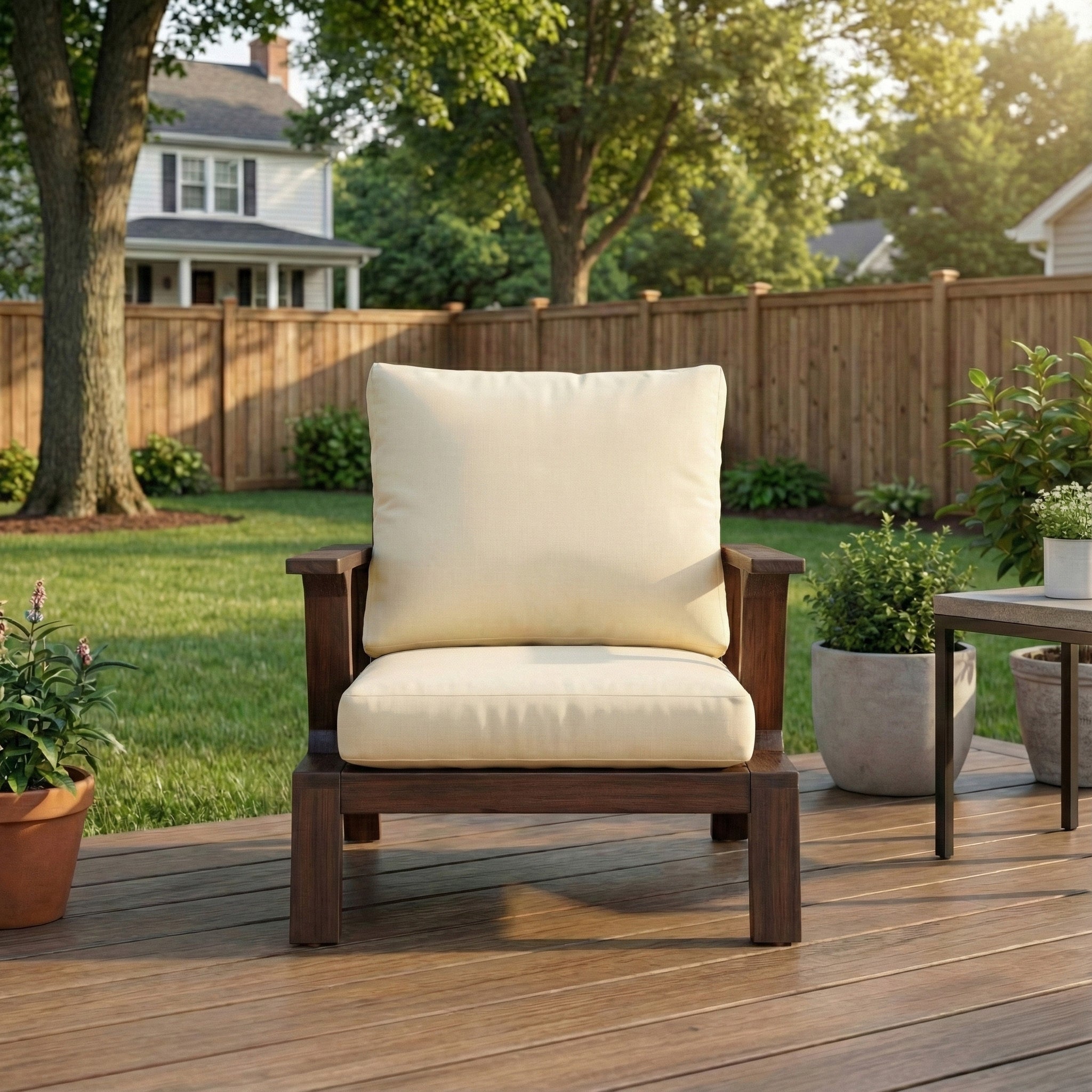 Outdoor Accent Chair Acacia Wood Dark Brown Beige Cushion 27.6in