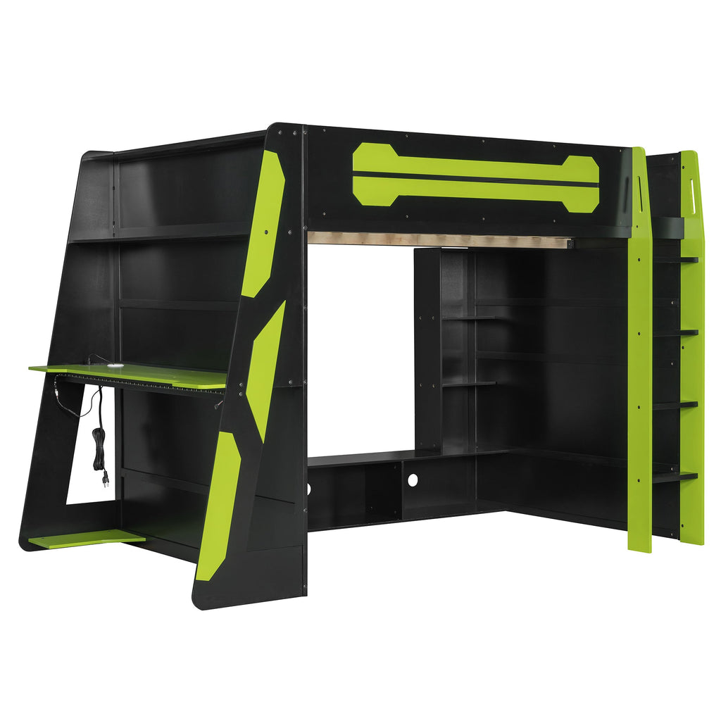 Full Size Wood Loft Bed with Desk, Multi-storage Shelves and RGB Light, Green