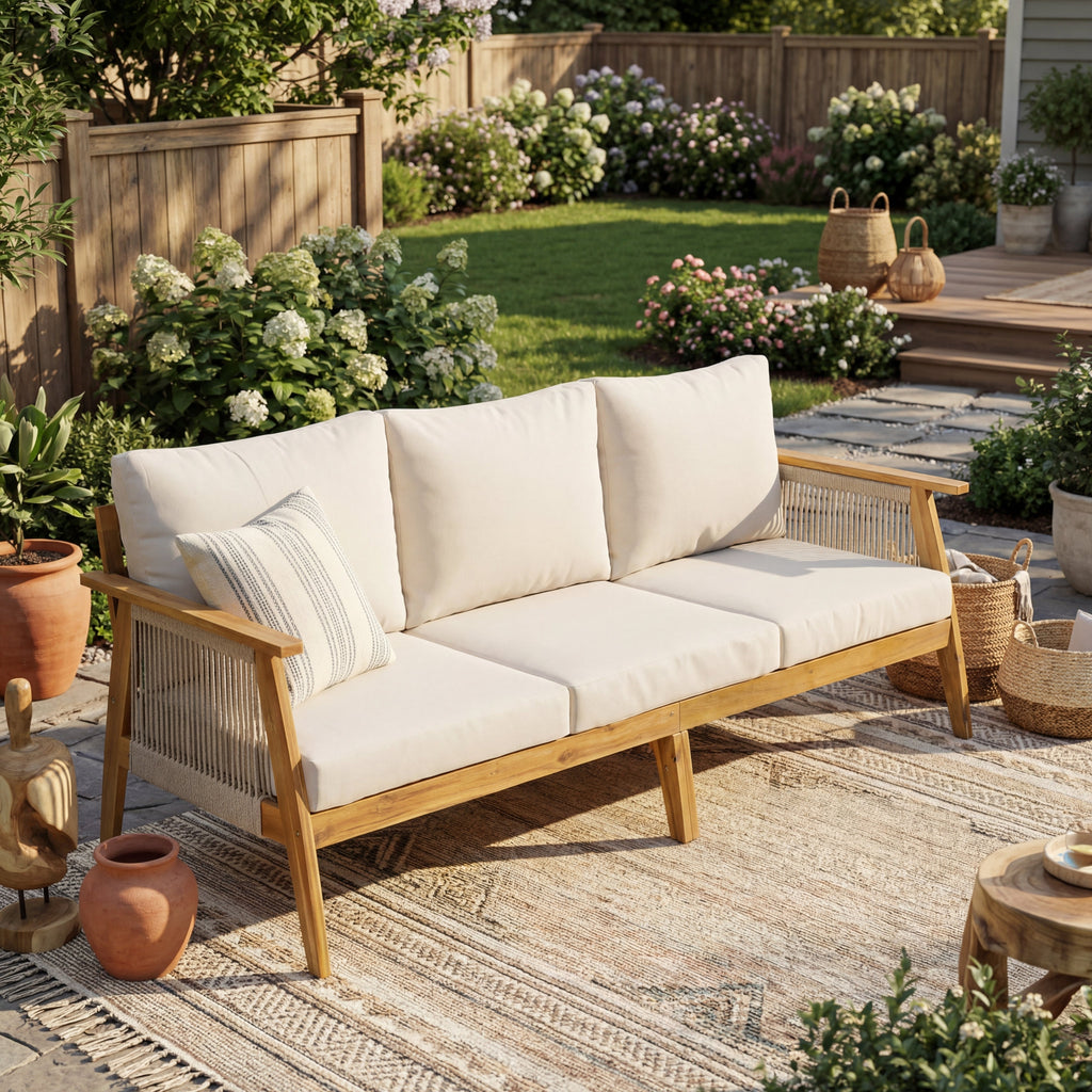 Outdoor Acacia Wood and Rope 3 Seater Patio Sofa