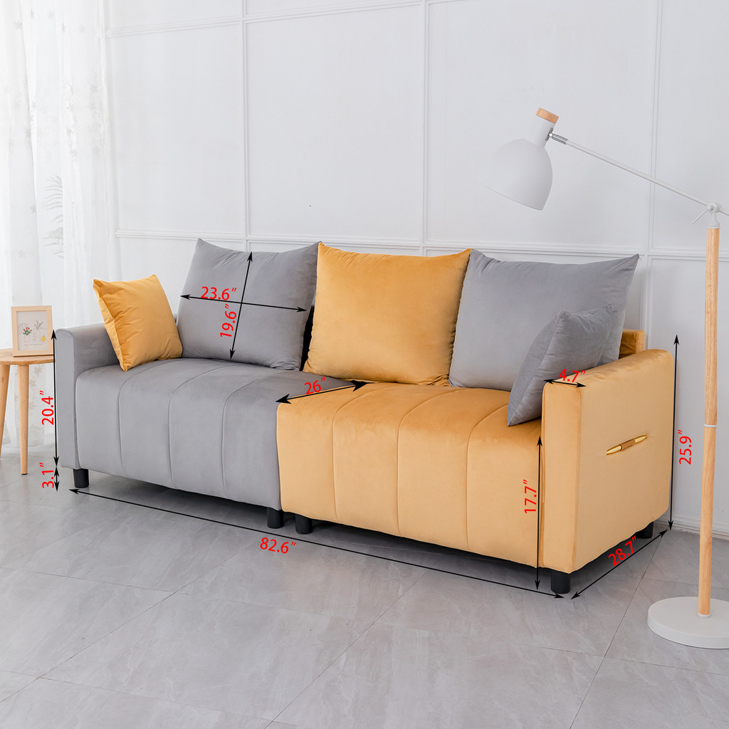 Sofa Modern Velvet Two-Tone Gray Yellow 2 Seat 82 In