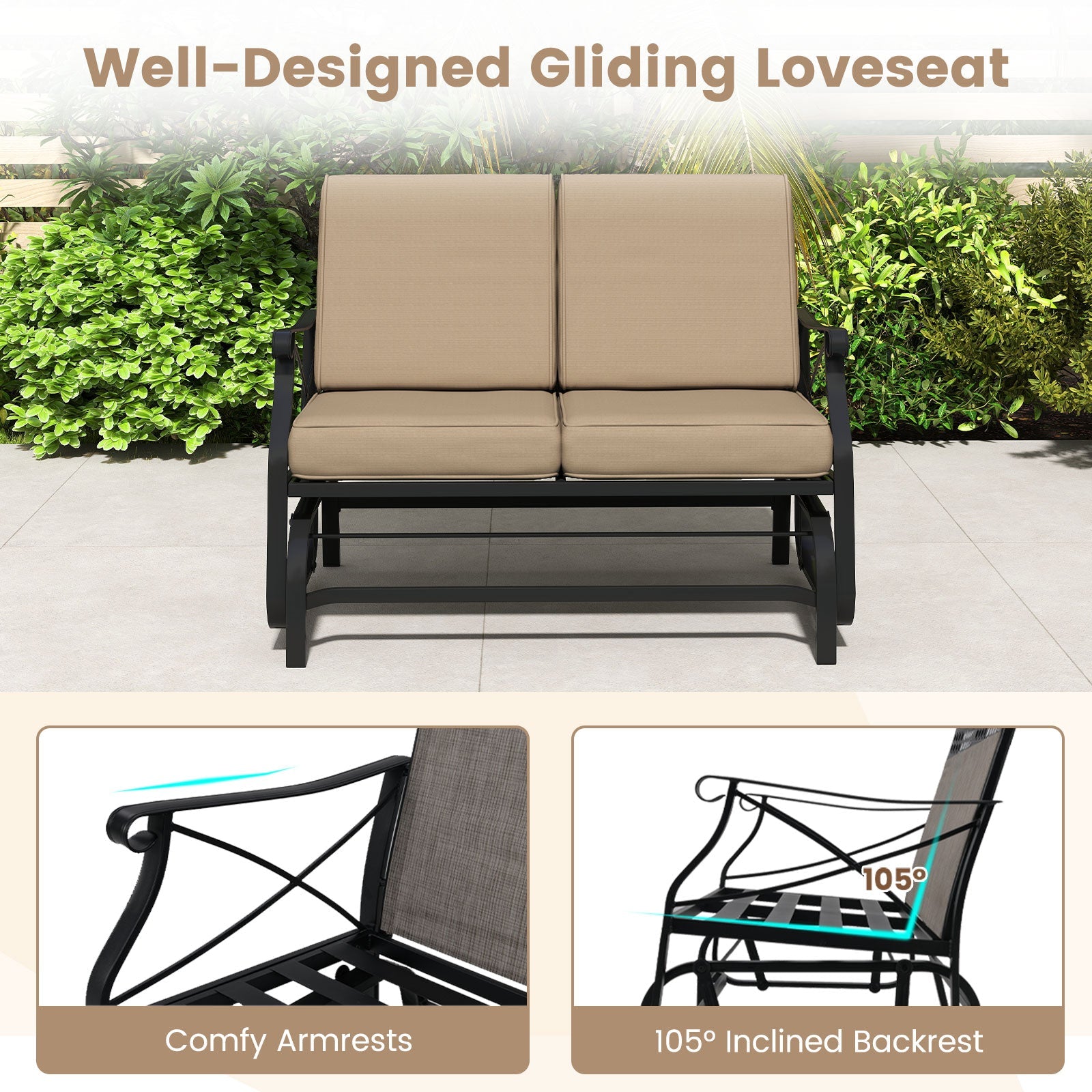 Outdoor 2-Person Glider Rocking Chair Loveseat with Thick Cushions and Metal Frame-Brown