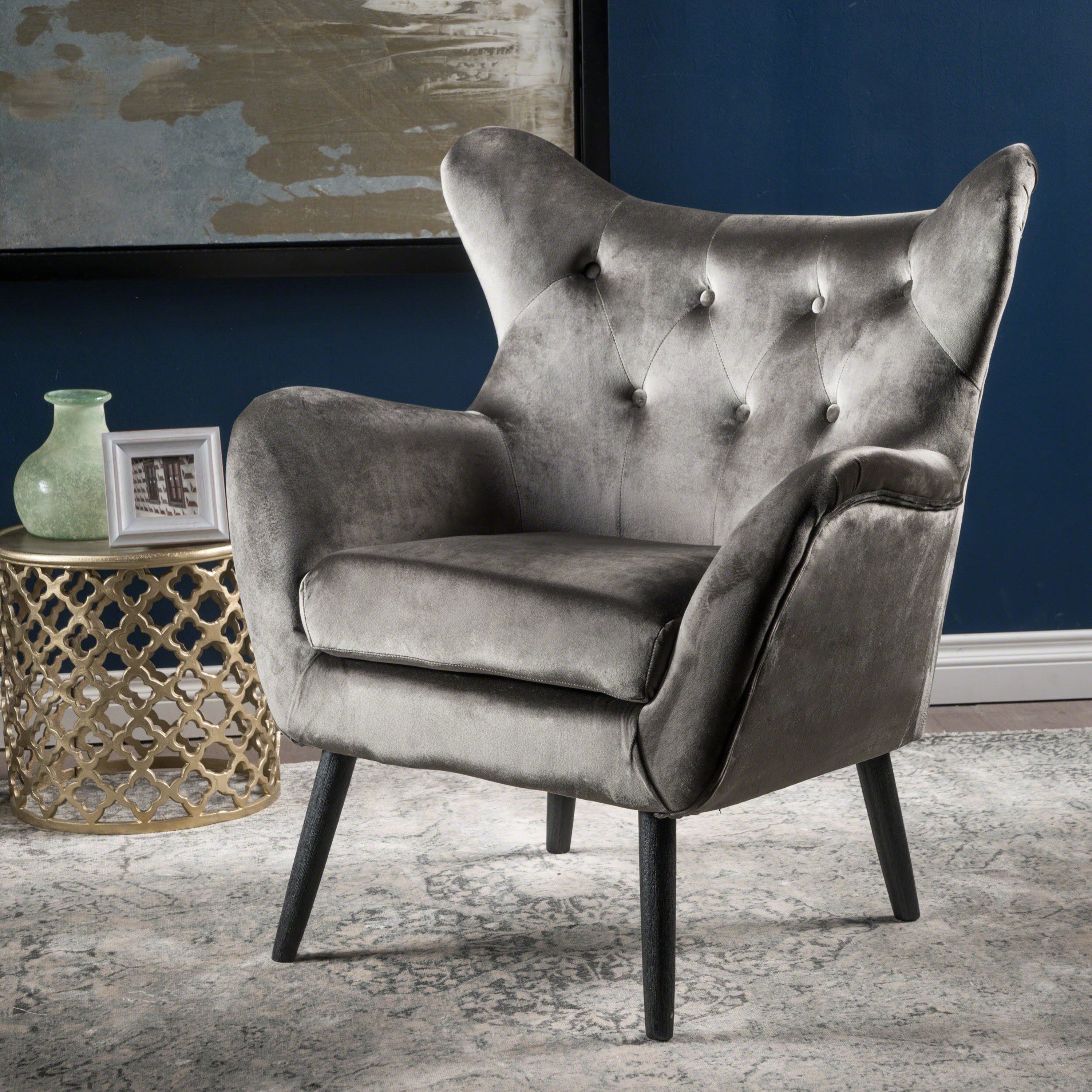 Accent Chair Mid-Century Wingback Velvet Tufted Gray Oak Frame 29x34x40 In