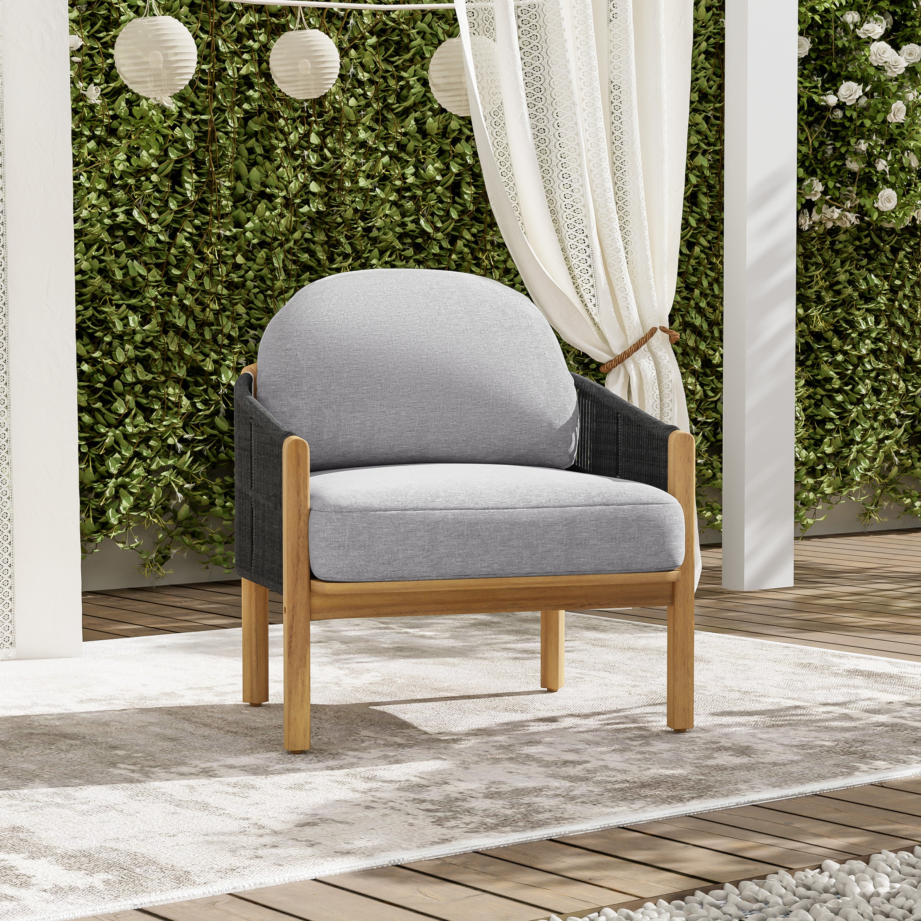 Outdoor Club Chair Acacia Wood Rope Woven Dark Gray Cushion