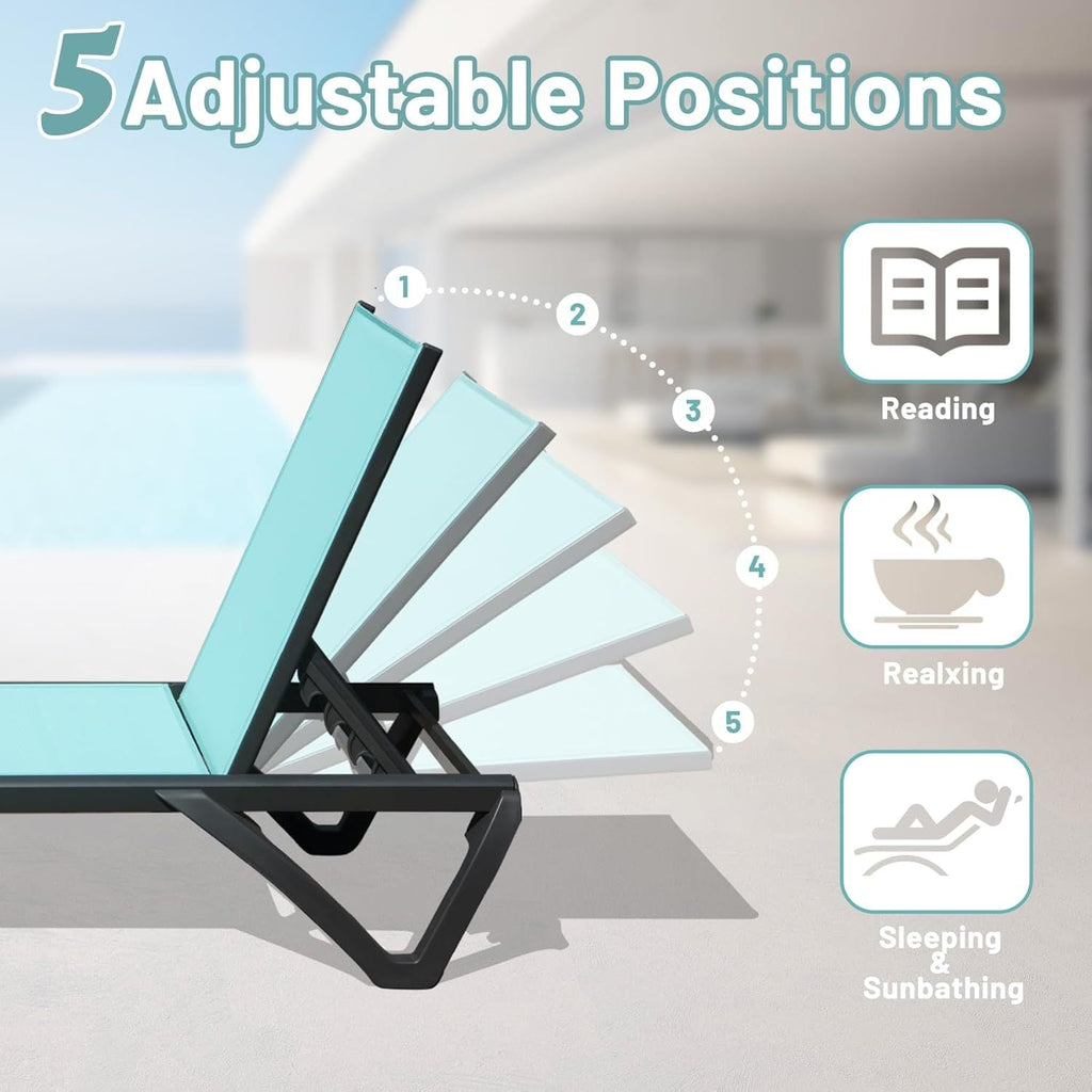 Outdoor Lounge Chair Set Aluminum Blue 5 Position Adjustable 2 Piece
