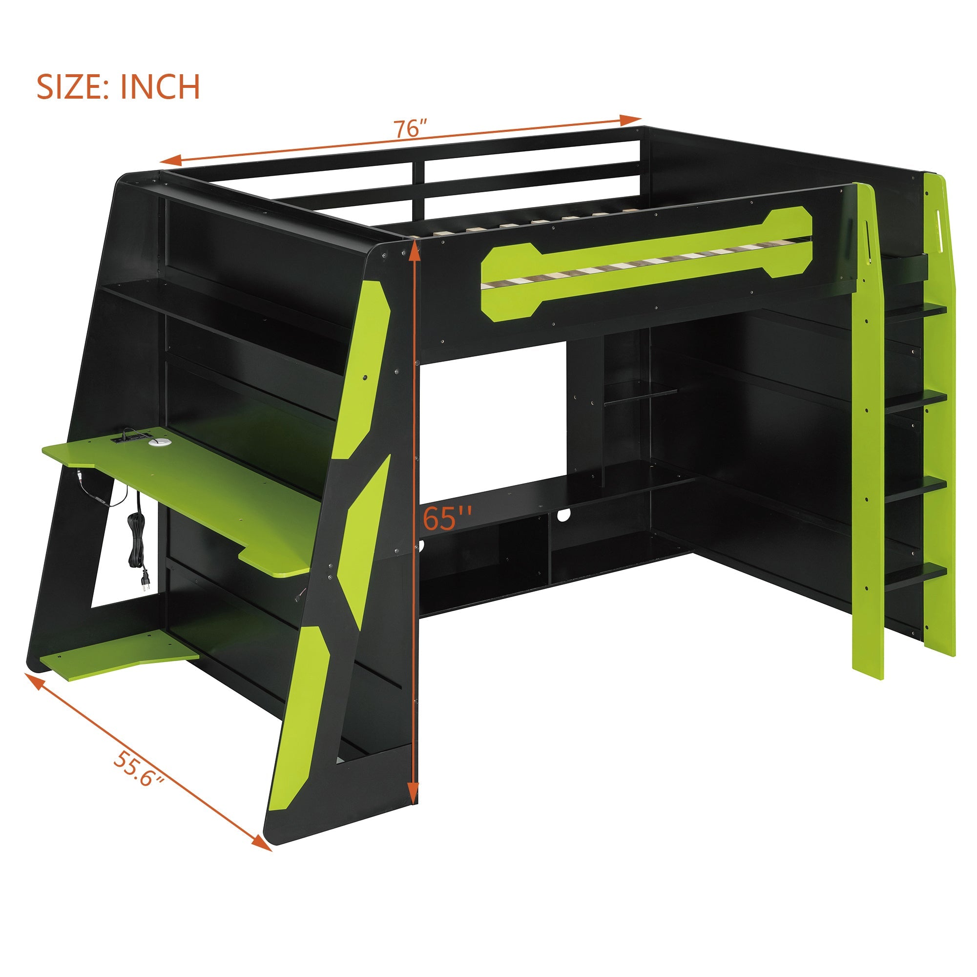 Full Size Wood Loft Bed with Desk, Multi-storage Shelves and RGB Light, Green
