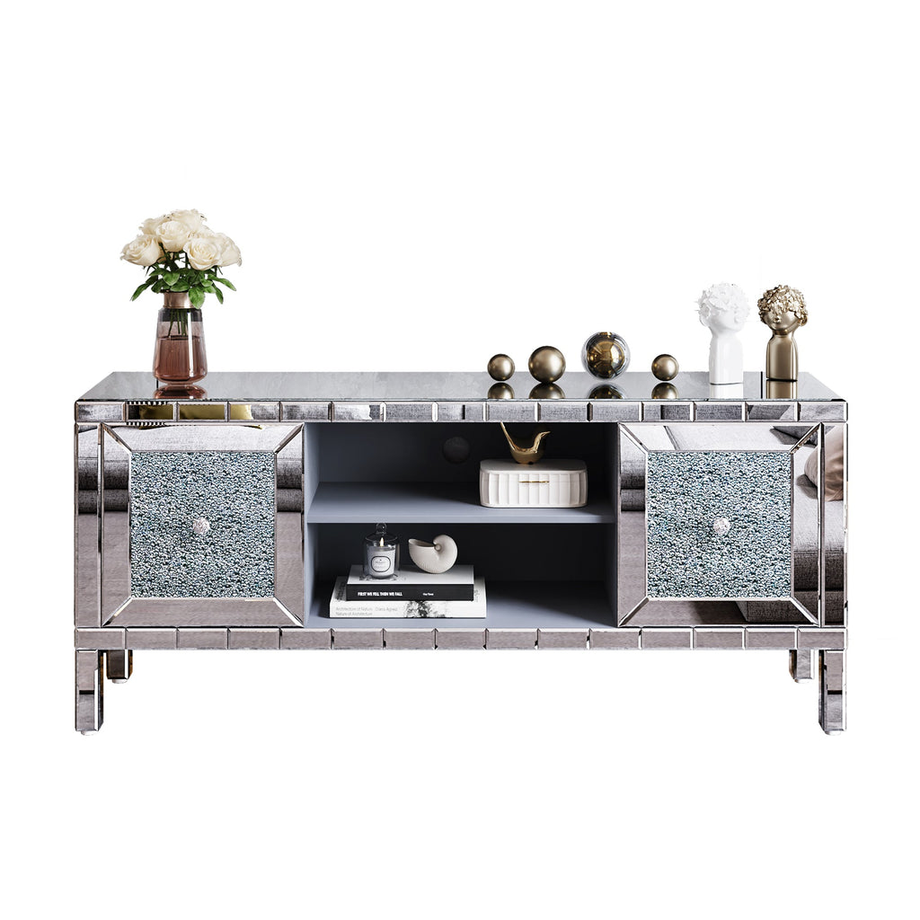 TV Stand Mirrored Crushed Diamond Glass Silver 59 In Fits 65 In TV