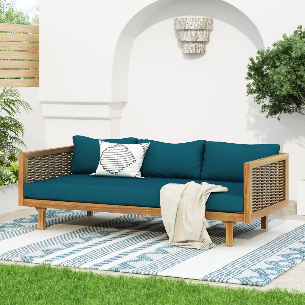 Outdoor Patio Set Acacia Wood Wicker Teak Dark Teal Daybed 2 Piece 600 LB