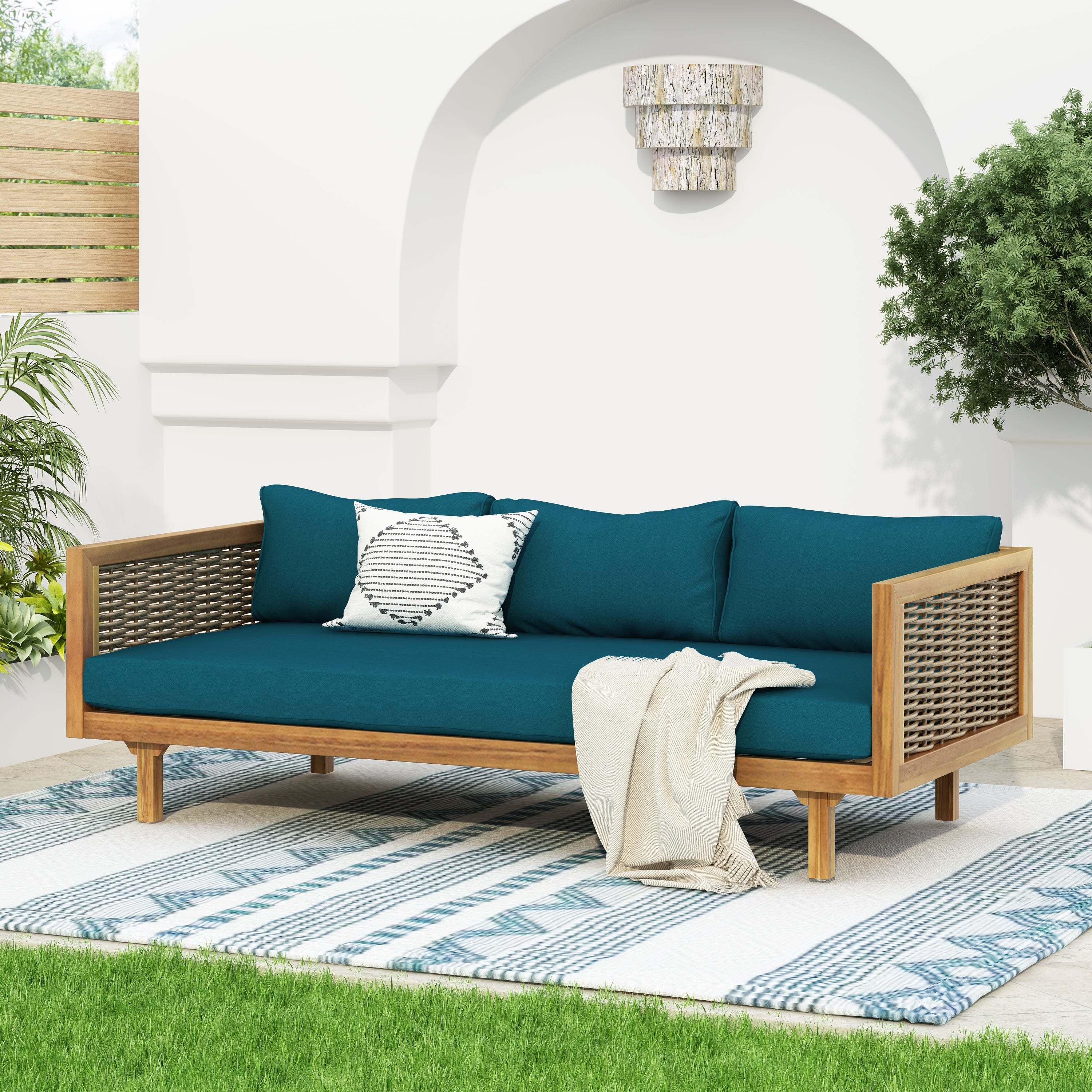 Outdoor Patio Set Acacia Wood Wicker Teak Dark Teal Daybed 2 Piece 600 LB