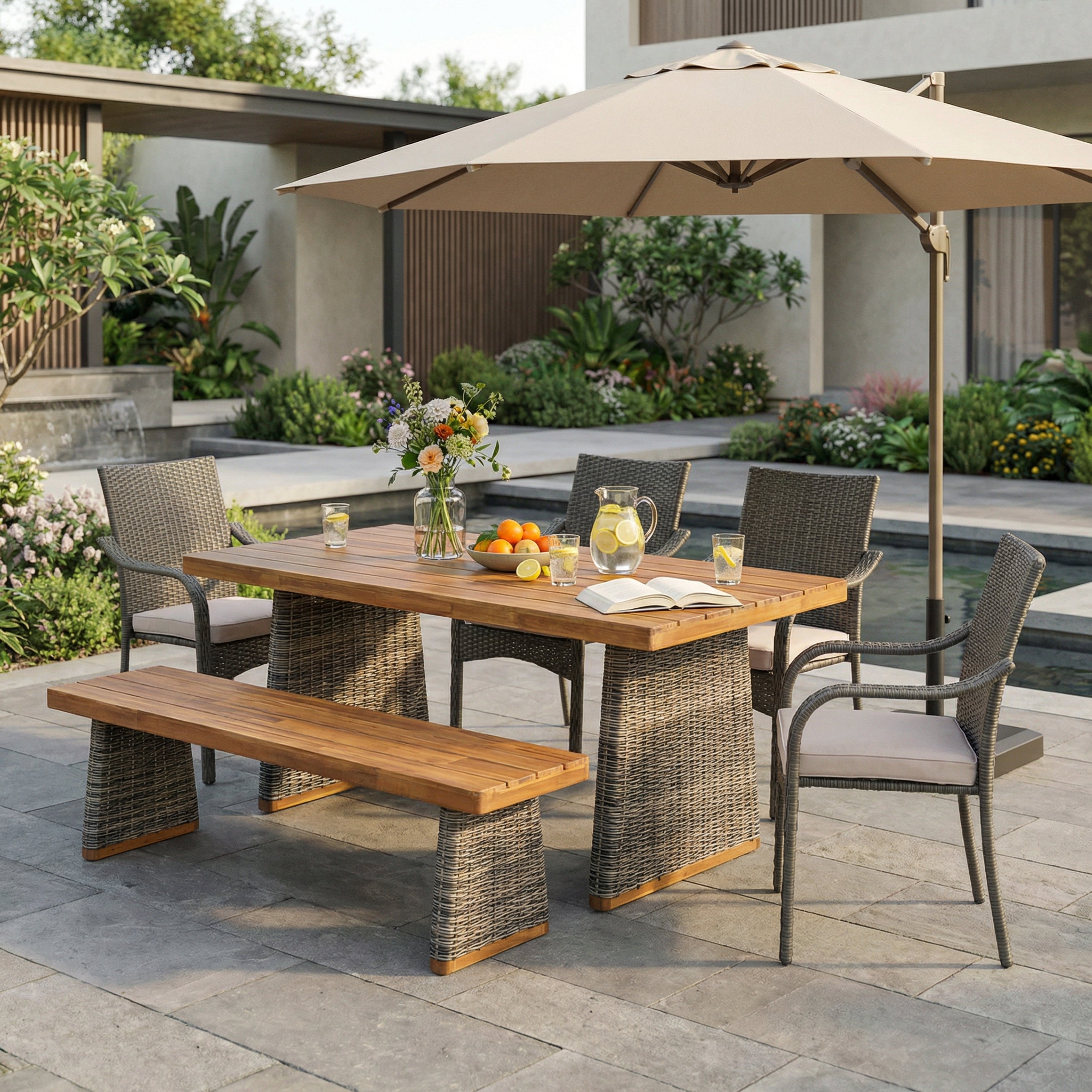 6 Pcs Outdoor Acacia Wood Dining Set with PE Rattan Stacking Chair, Grey