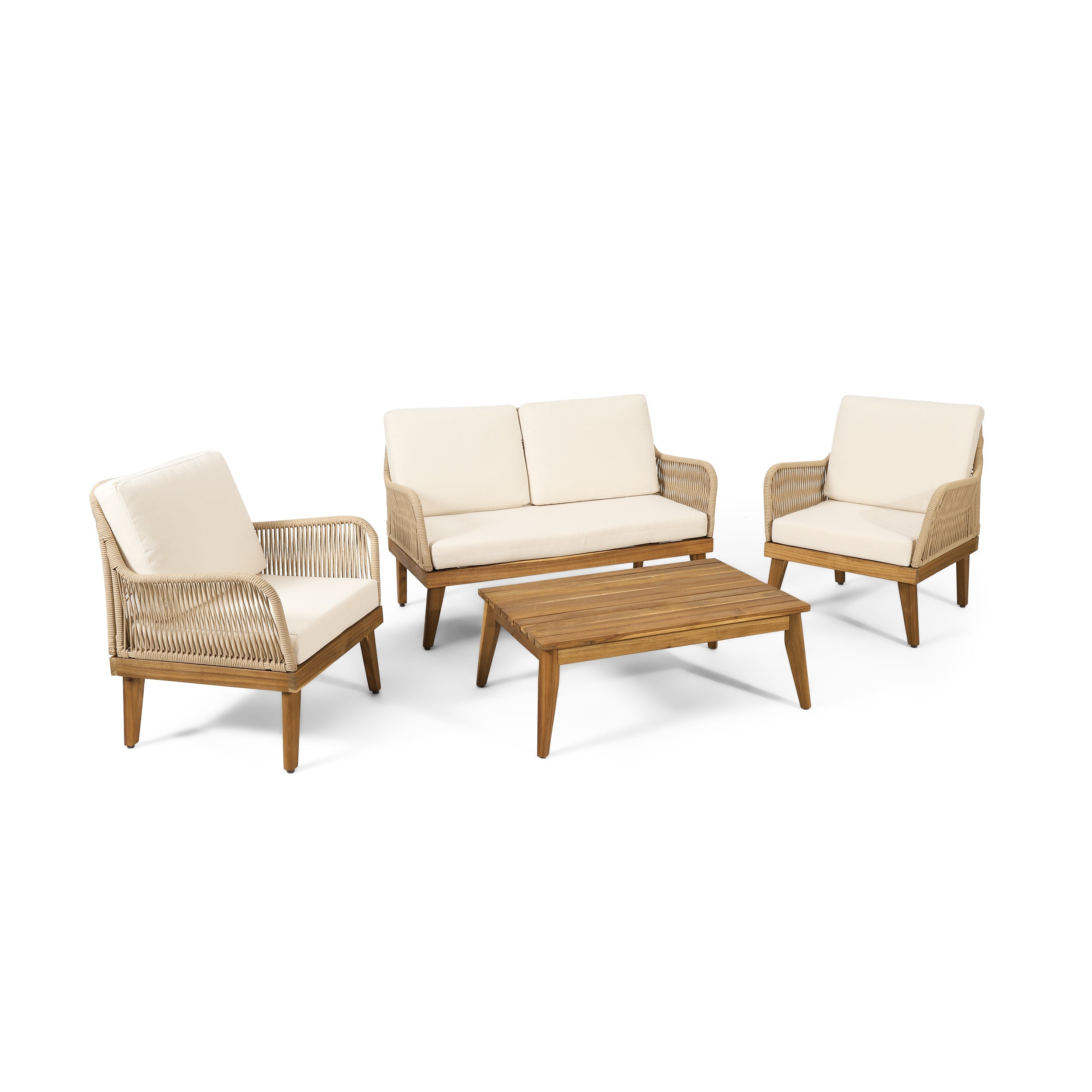 Outdoor Chat Set Acacia Wood Rope Teak Cushions 4 Piece Seats 4
