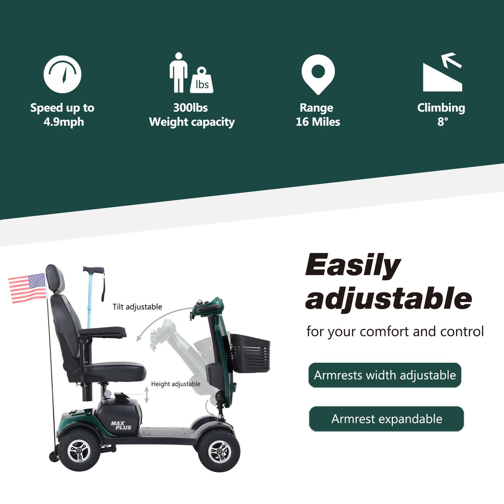 Mobility Scooter 4-Wheel Metal Emerald 16 Mile Range USB Charger 300W