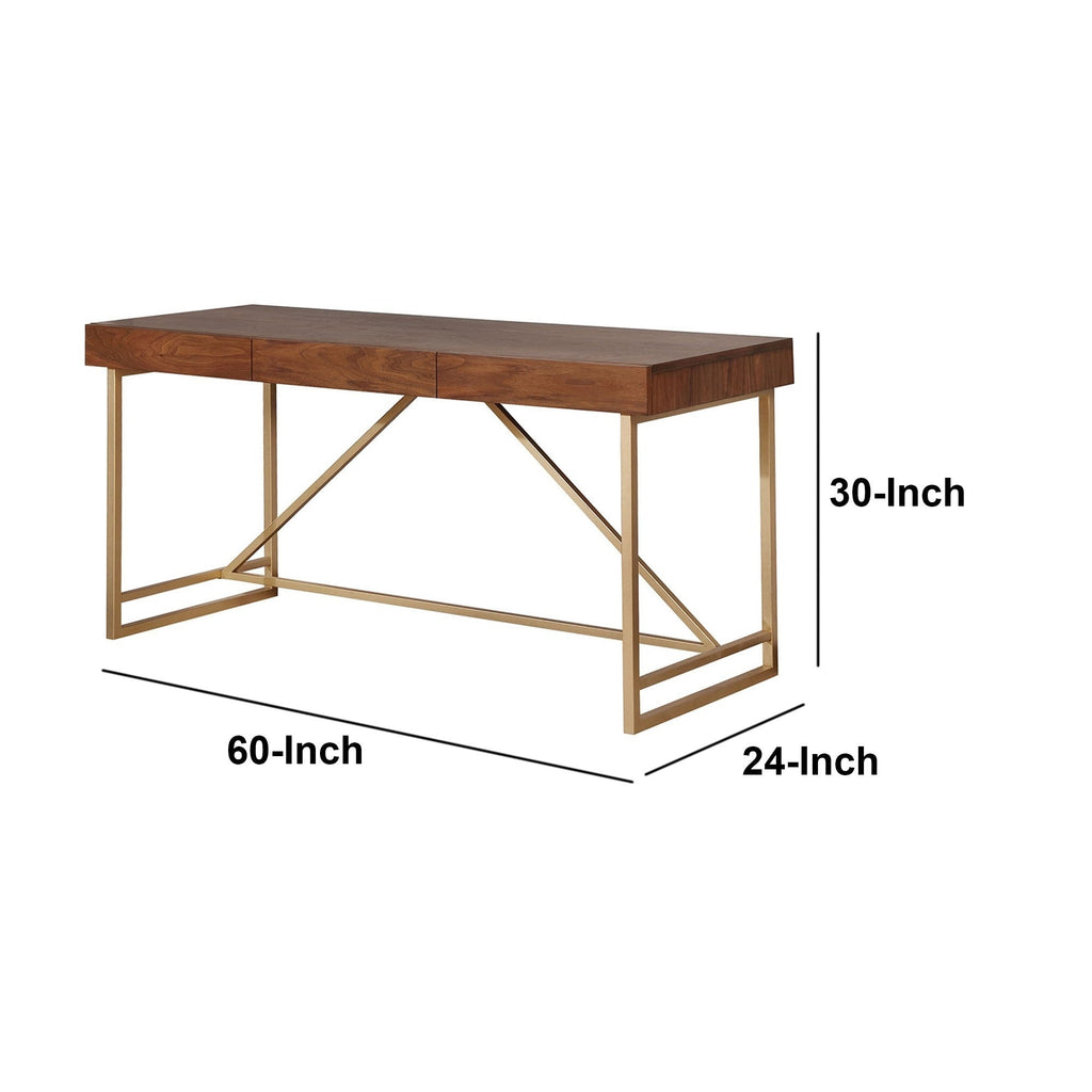 Writing Desk Modern Walnut Wood Gold Metal Legs 60x24x30 In