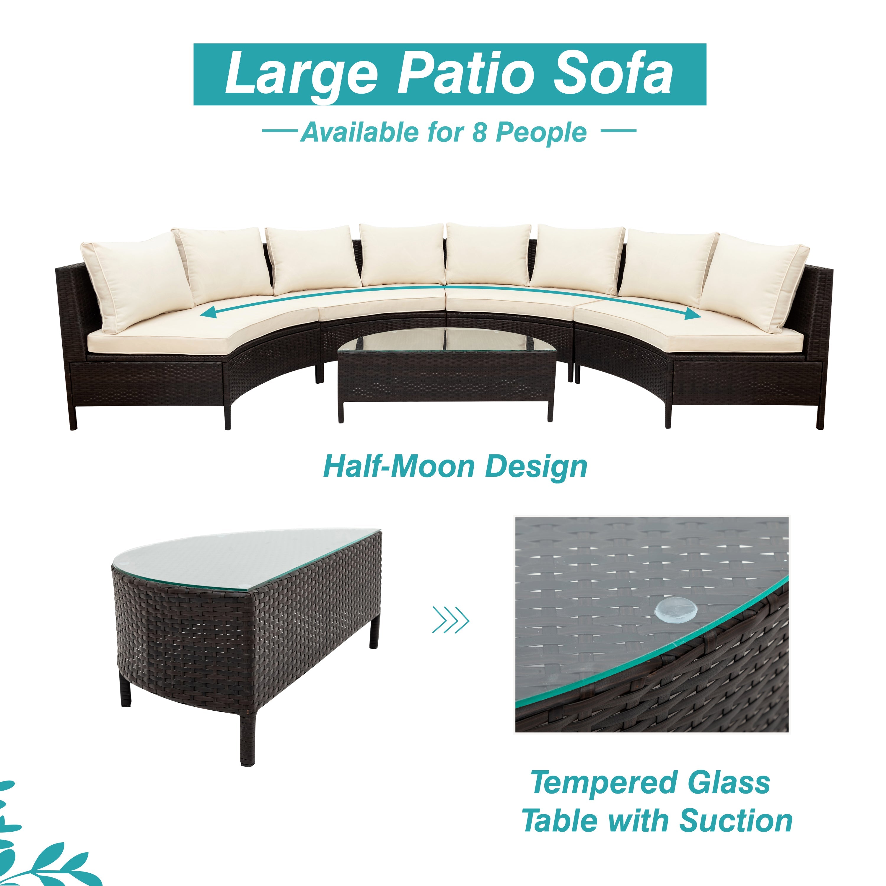 Outdoor Patio Set Half Moon PE Rattan Steel Beige 5 Piece Tempered Glass