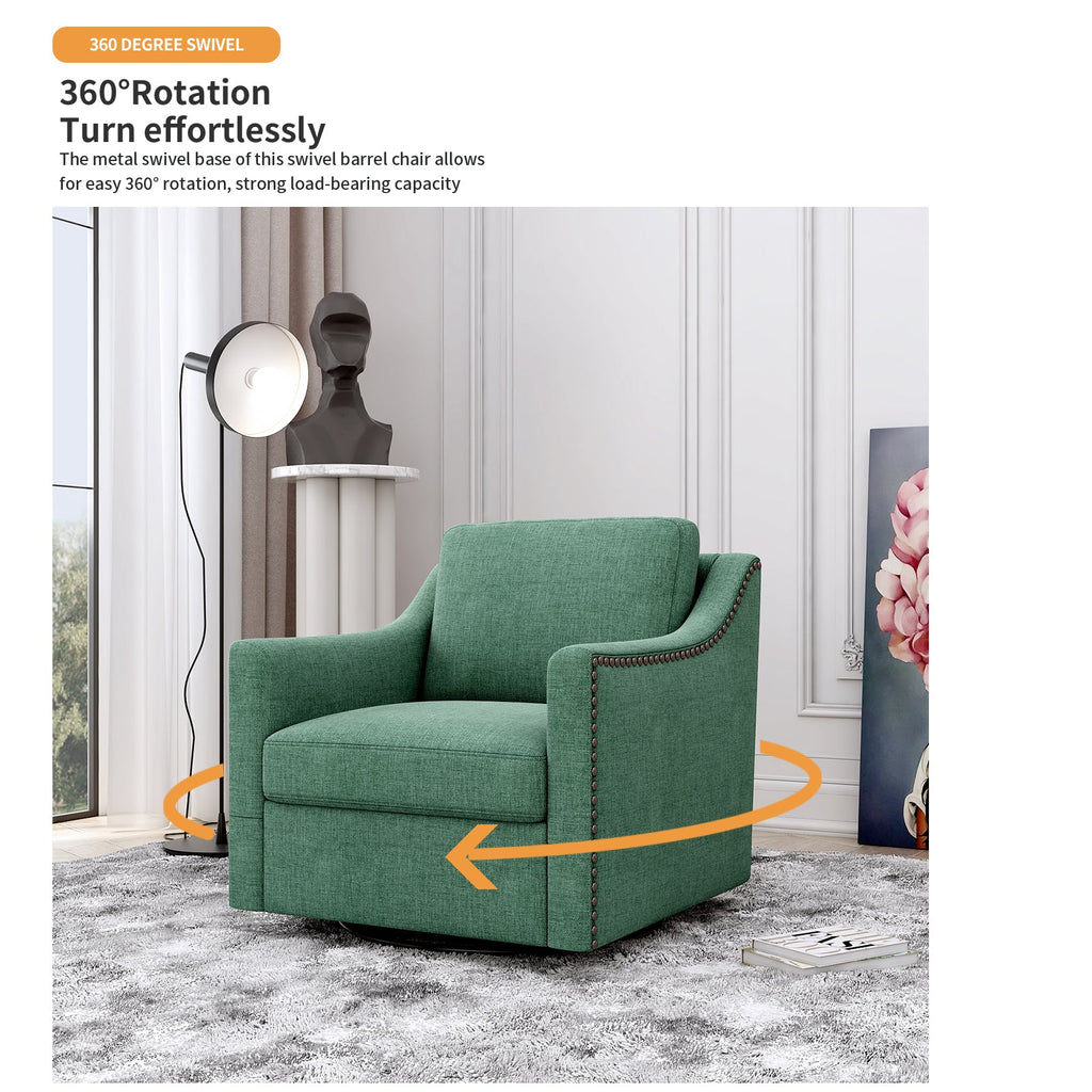 Accent Chair Swivel 360 Degree Linen Blackish Green Brass Nailheads 300 LB