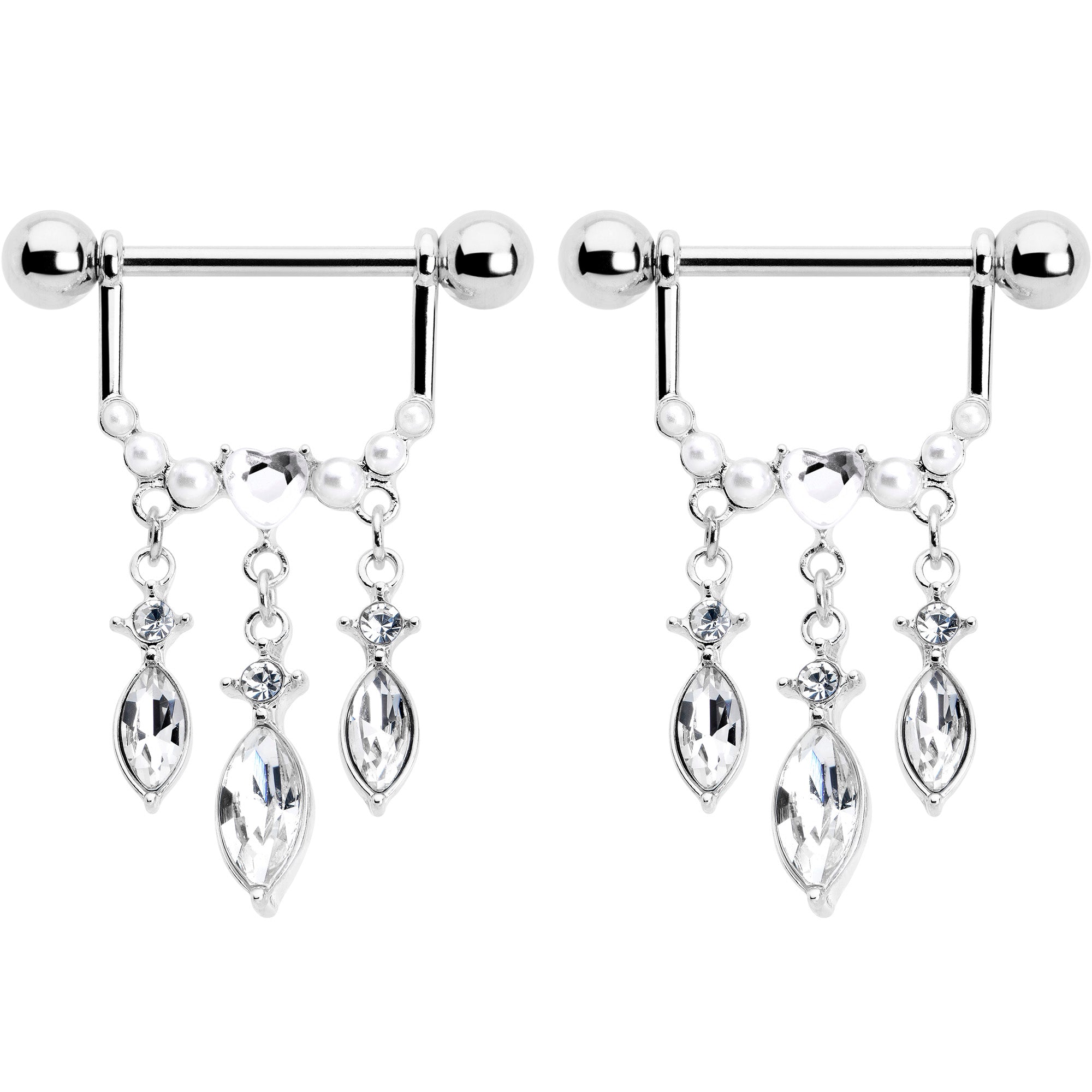 14G 9/16 Clear Gem Heart Triple Drop Dangle Nipple Ring Set