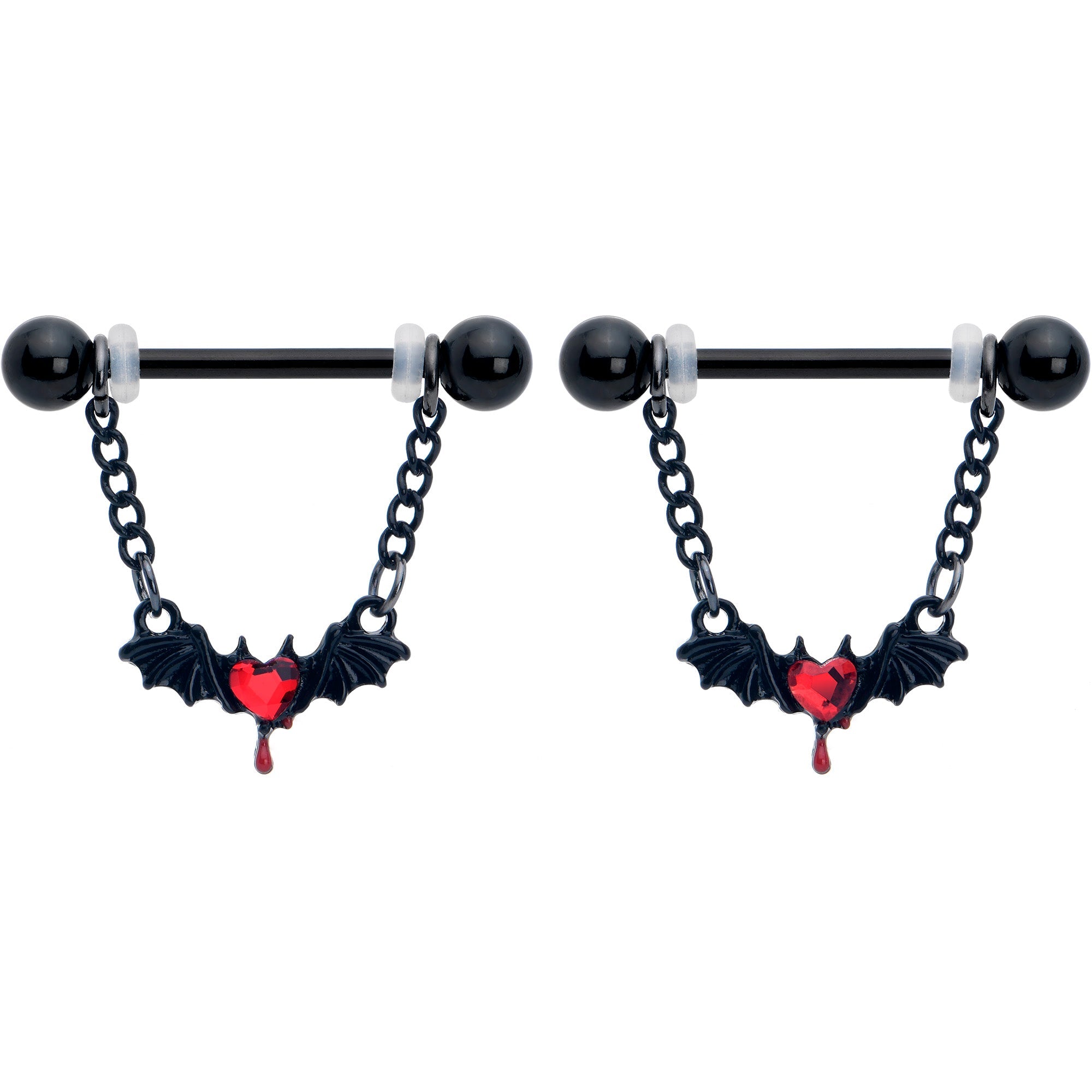 14G 9/16 Red Gem Black Bleeding Heart Bat Dangle Nipple Ring Set