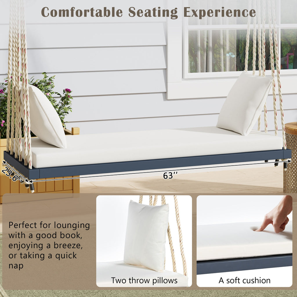 Outdoor Hanging Swing Chair Acacia Wood Gray Cushion Pillows 63x23.6 In 400 LB