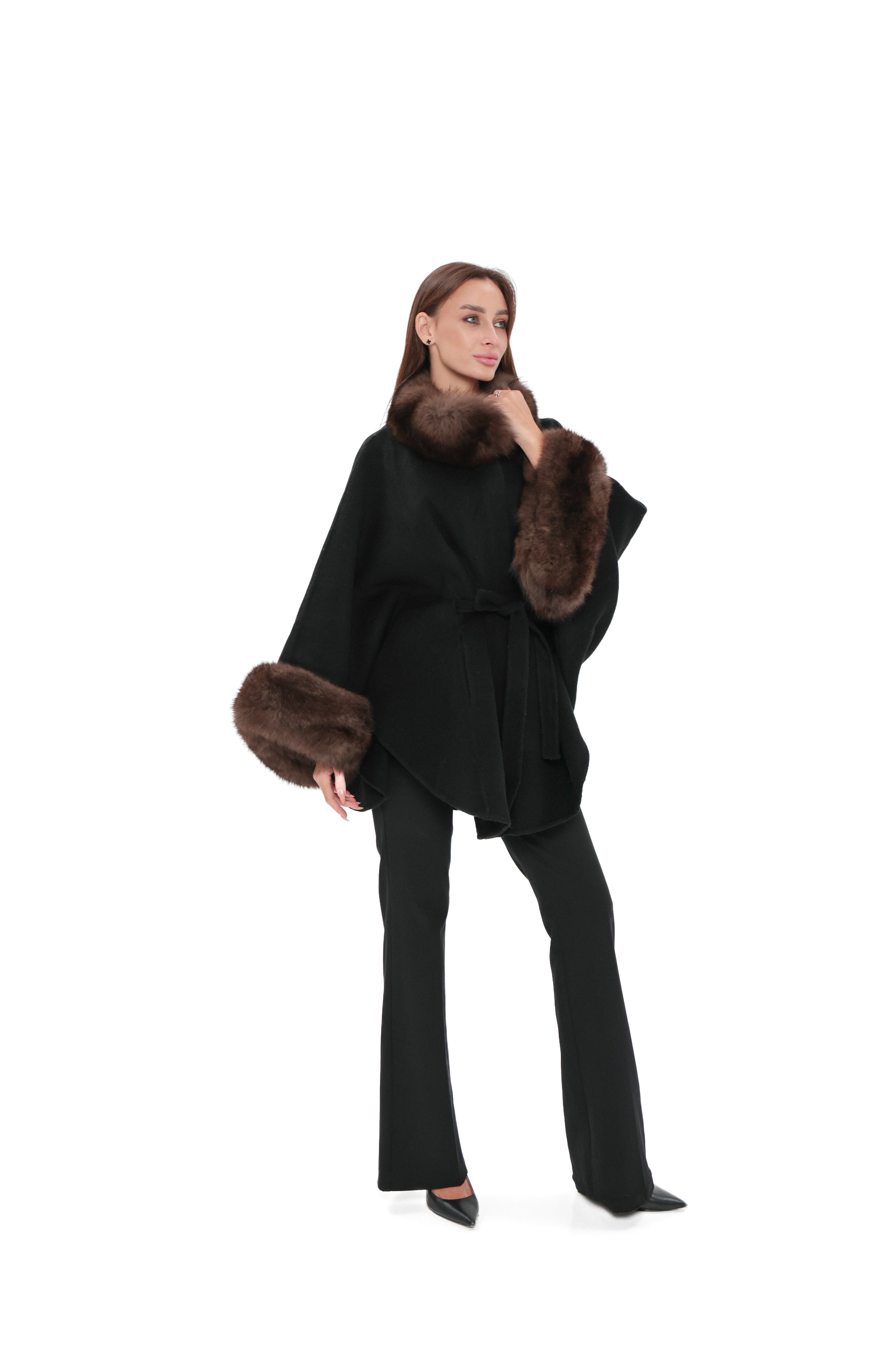 Genuine Polar Fox Fur Double Face Wool Poncho