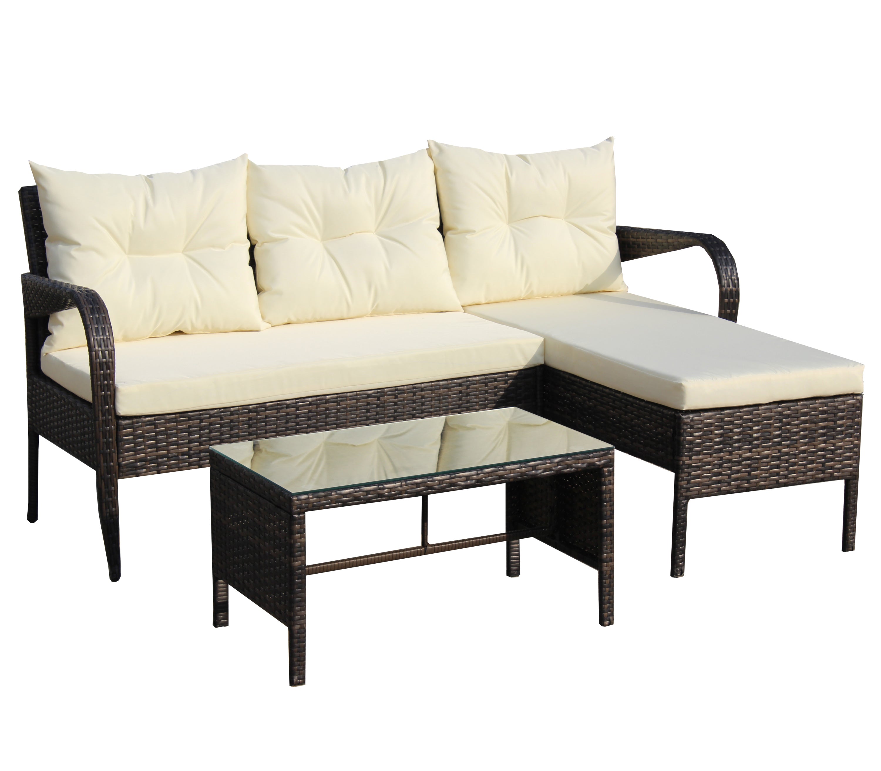 Outdoor Sectional Set PE Rattan Steel Brown Beige Cushion 3 Piece 560 LB