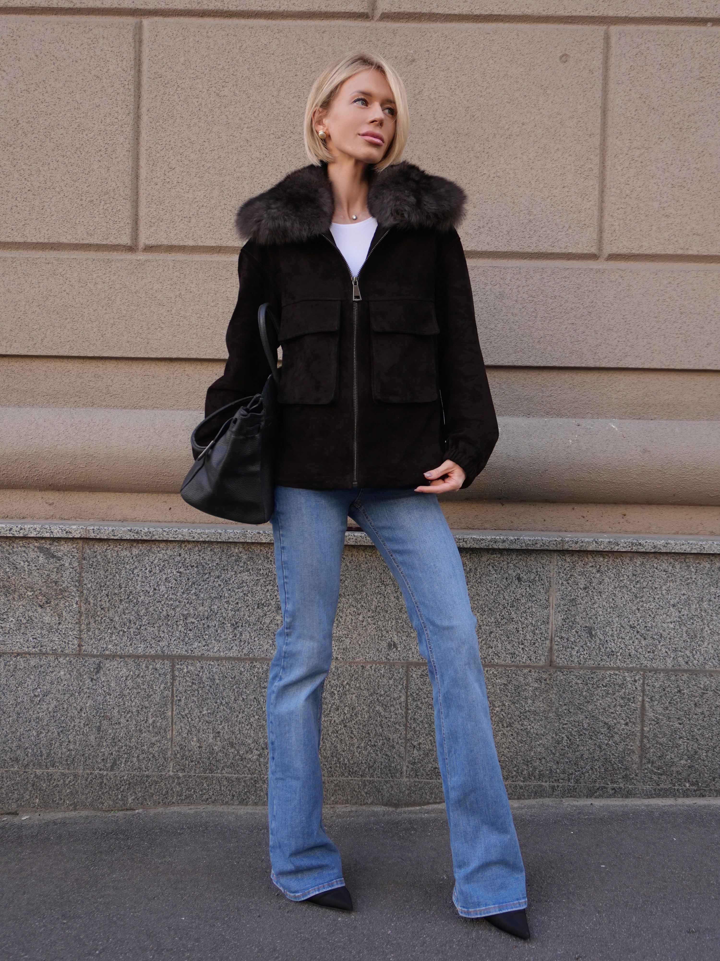 Nebraska Genuine Suede Polar Fox Trim Jacket in Cognac