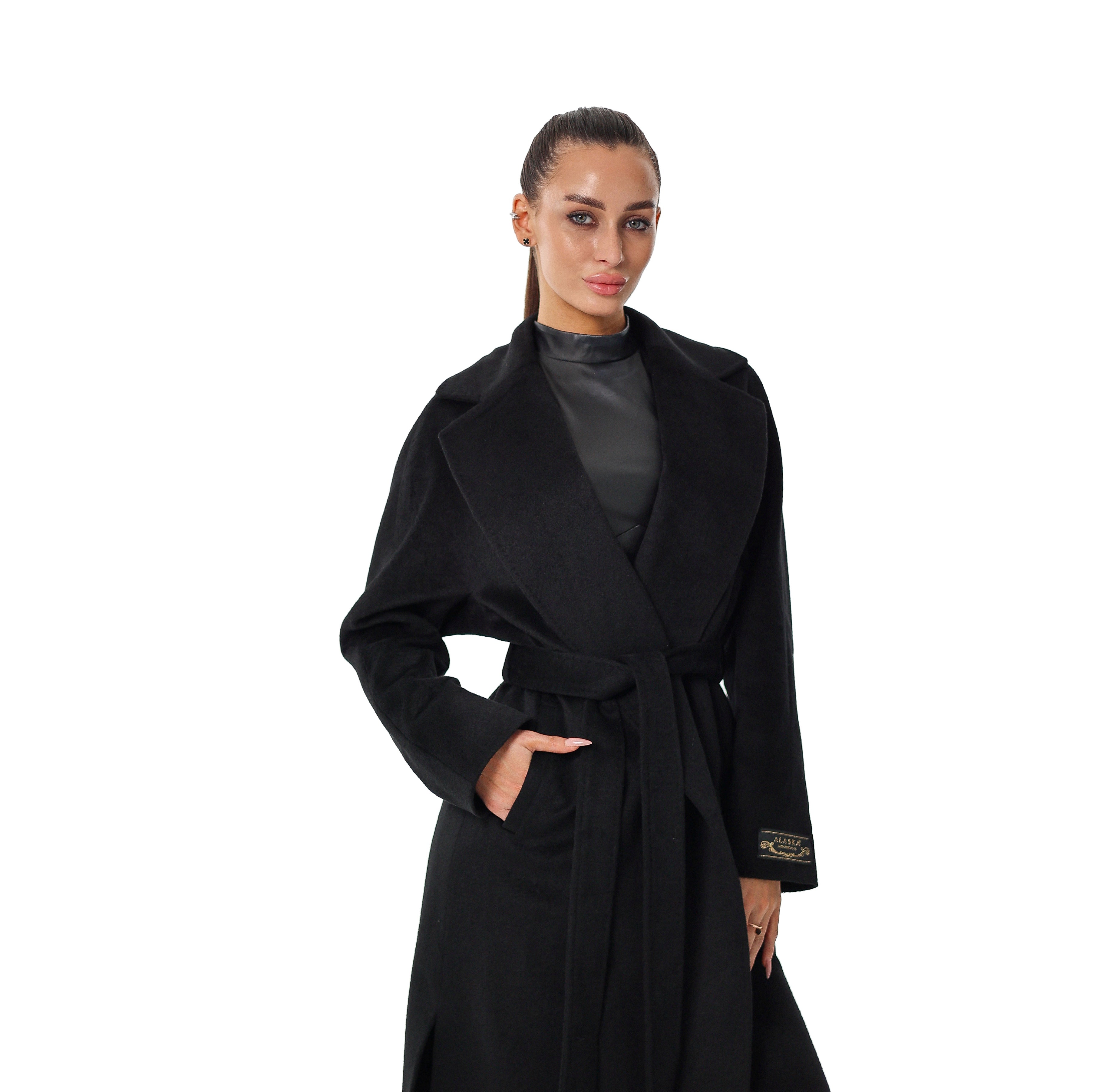 Cambridge Comfort Wraparound Wool Cashmere Coat in Black