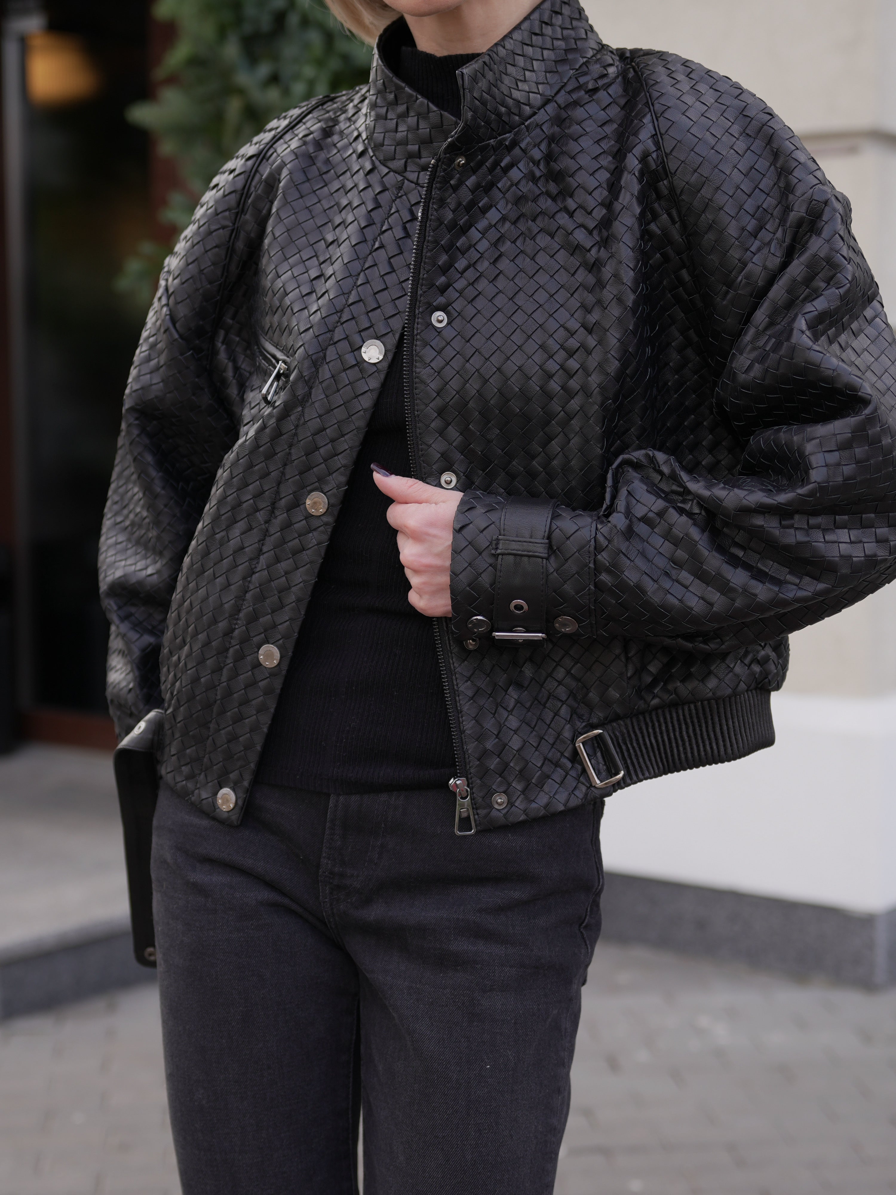 Marlowe Braided Genuine Leather Jacket in Black