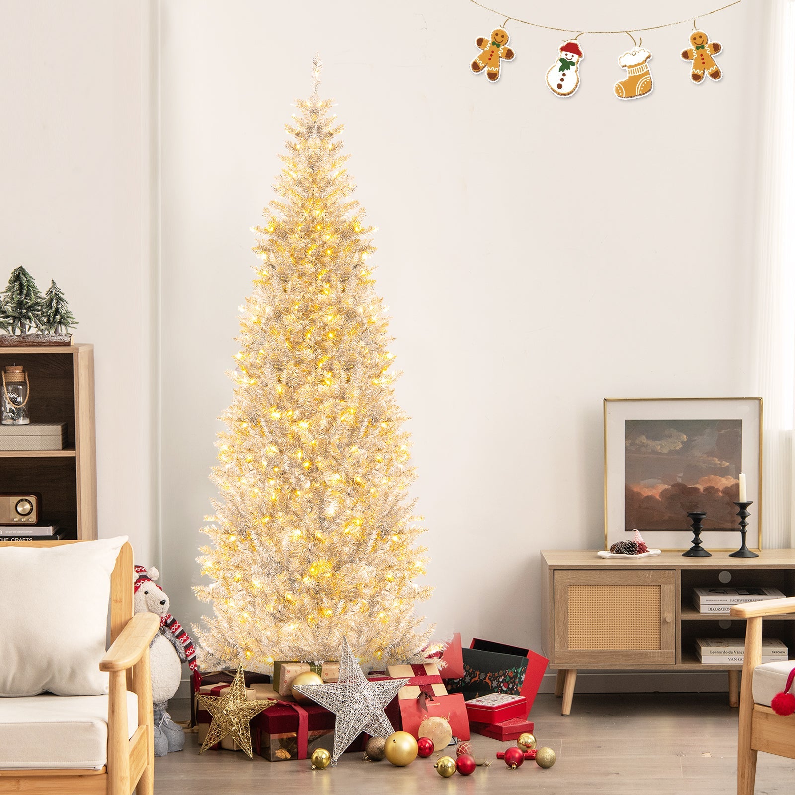 6/7 FT Pre-Lit Artificial Silver Tinsel Xmas Tree with 790 Branch Tips and 300 LED Lights