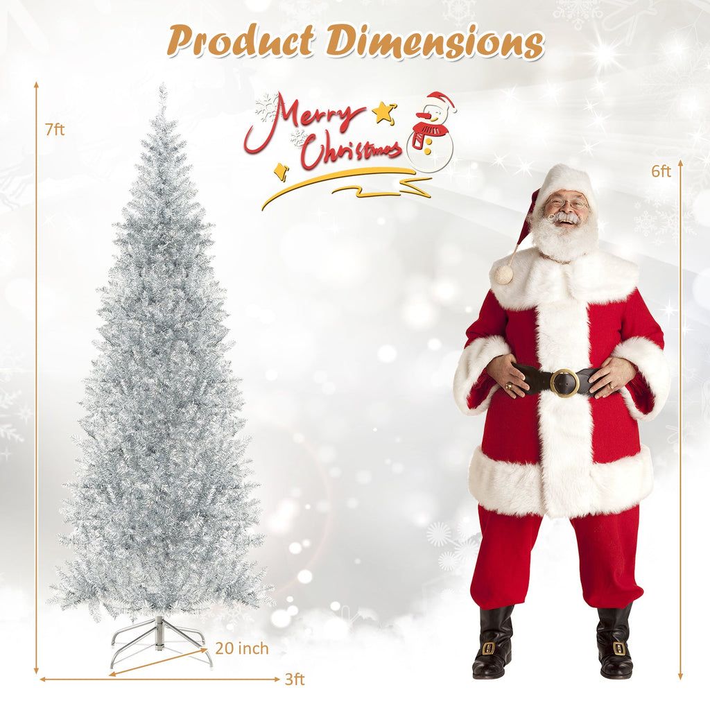 6/7 FT Pre-Lit Artificial Silver Tinsel Xmas Tree with 790 Branch Tips and 300 LED Lights