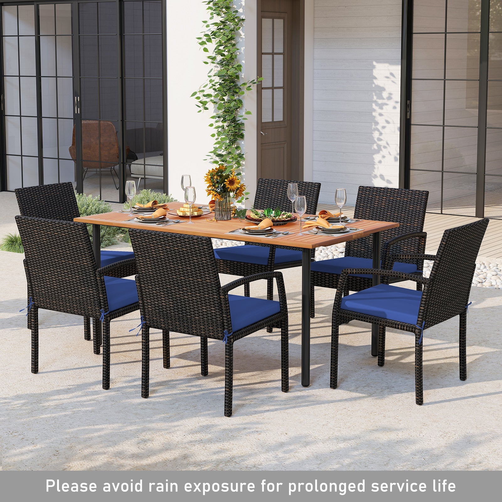 7 Pieces Outdoor Dining Set Acacia Wood Table with Umbrella Hole and Cushions