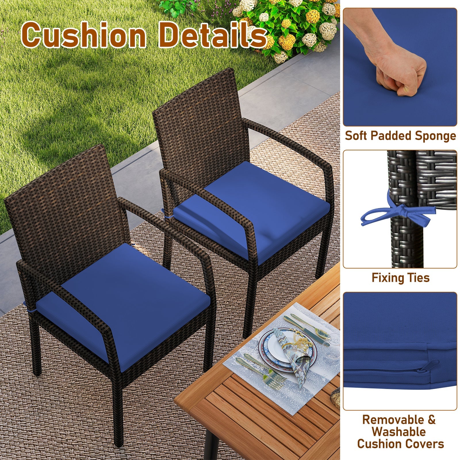 7 Pieces Outdoor Dining Set Acacia Wood Table with Umbrella Hole and Cushions
