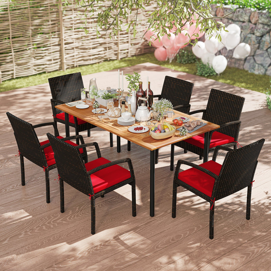 7 Pieces Outdoor Dining Set Acacia Wood Table with Umbrella Hole and Cushions