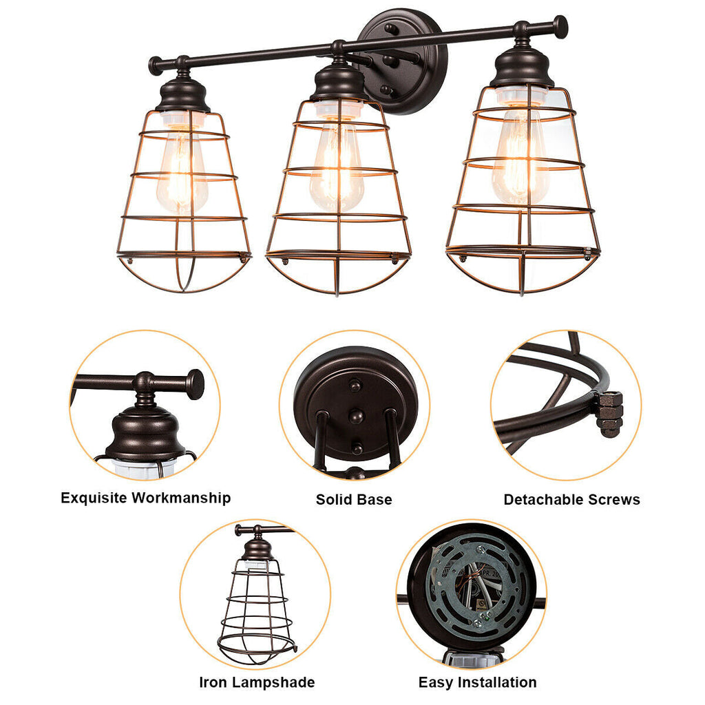 3-Light Vanity Lamp Bathroom Fixture with Metal Wire Cage