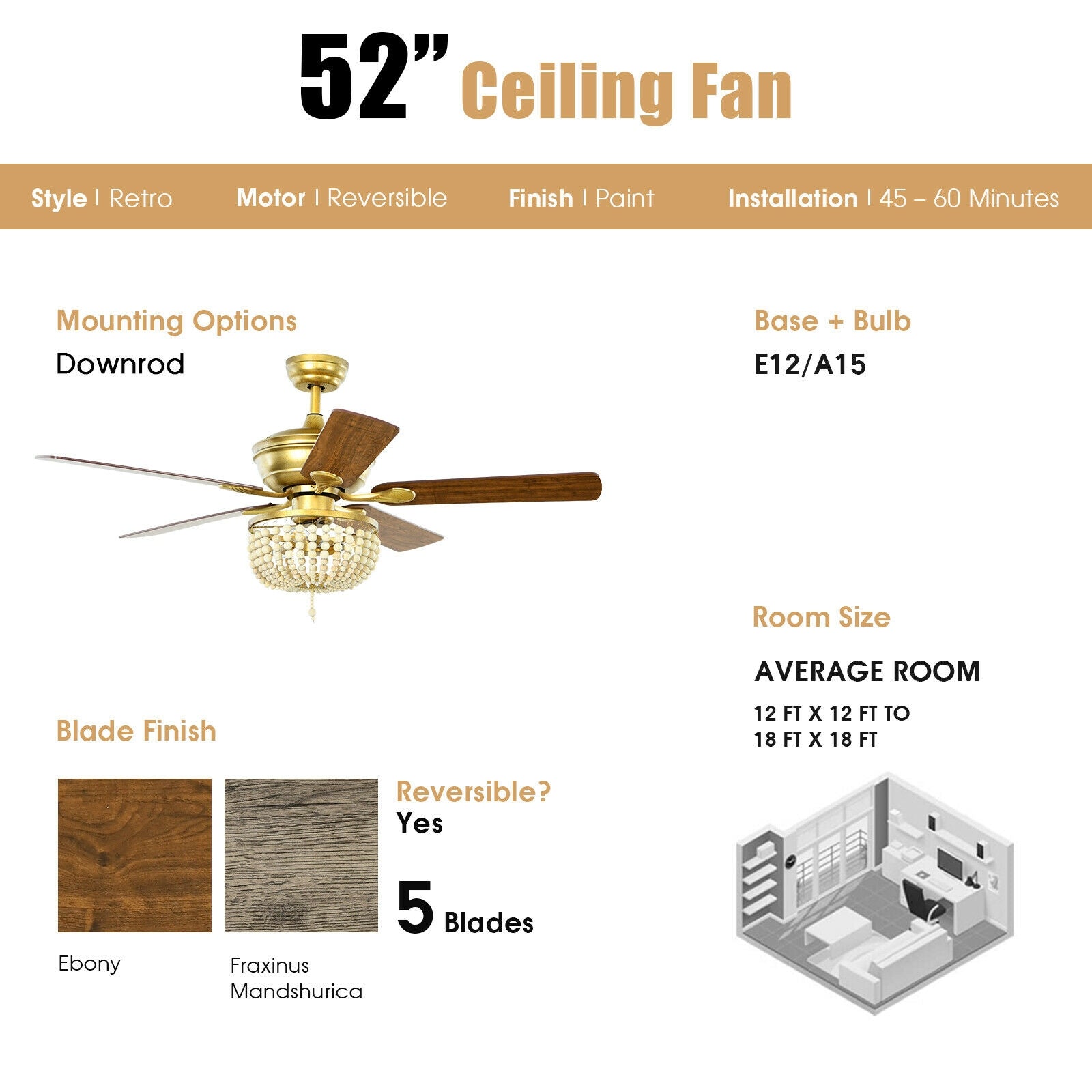 52 Inch Retro Ceiling Fan Light with Reversible Blades Remote Control