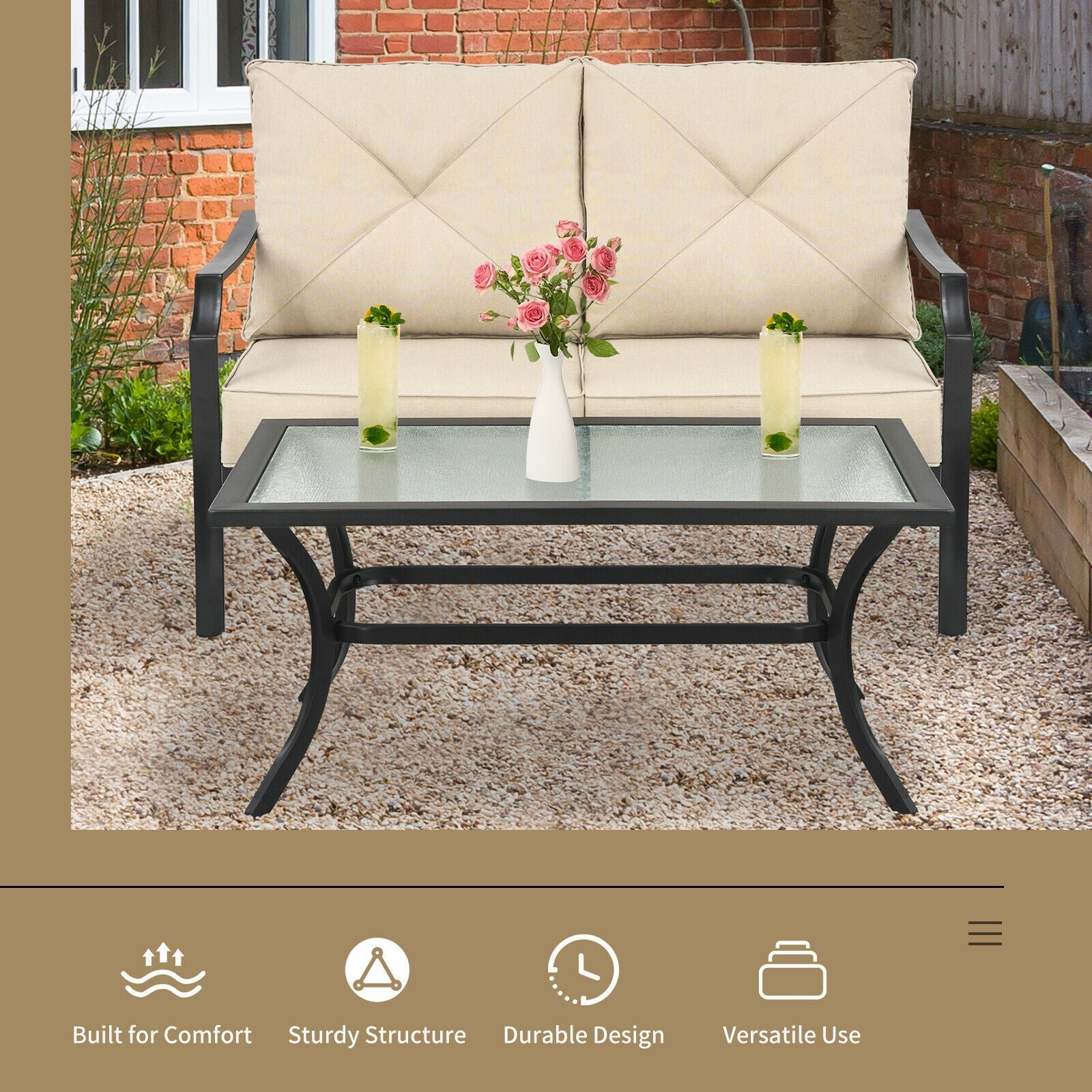 2 Pieces Patio Outdoor Cushioned Sofa Bench with Coffee Table-Beige